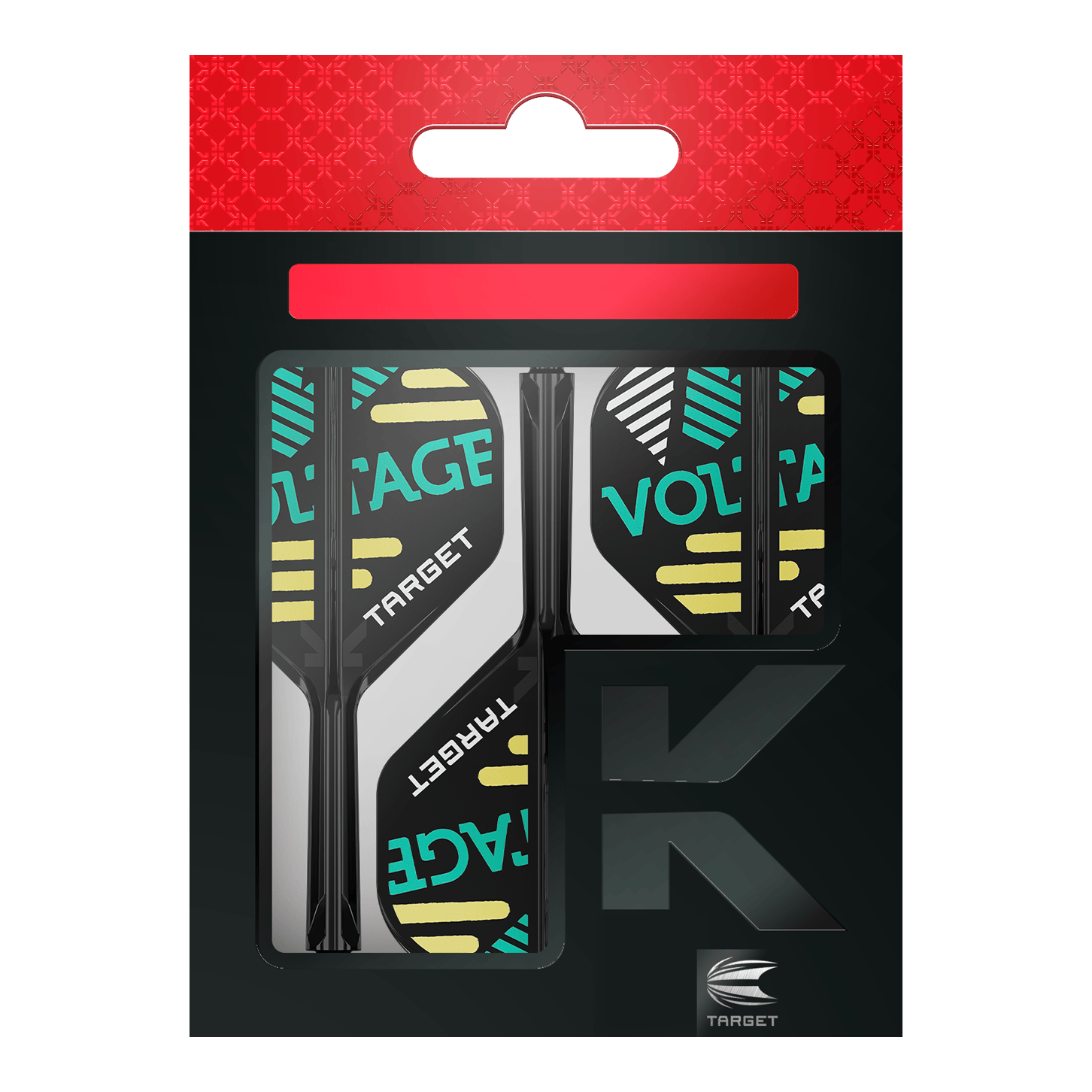 Sistema de eje de vuelo estándar Target K-Flex Rob Cross No2 Das Bild zeigt eine Verpackung mit Dart-Zubehör der Marke Target. In der Packung sind drei schwarze Flights und Schäfte mit dem Aufdruck "VOLTAGE" zu sehen.