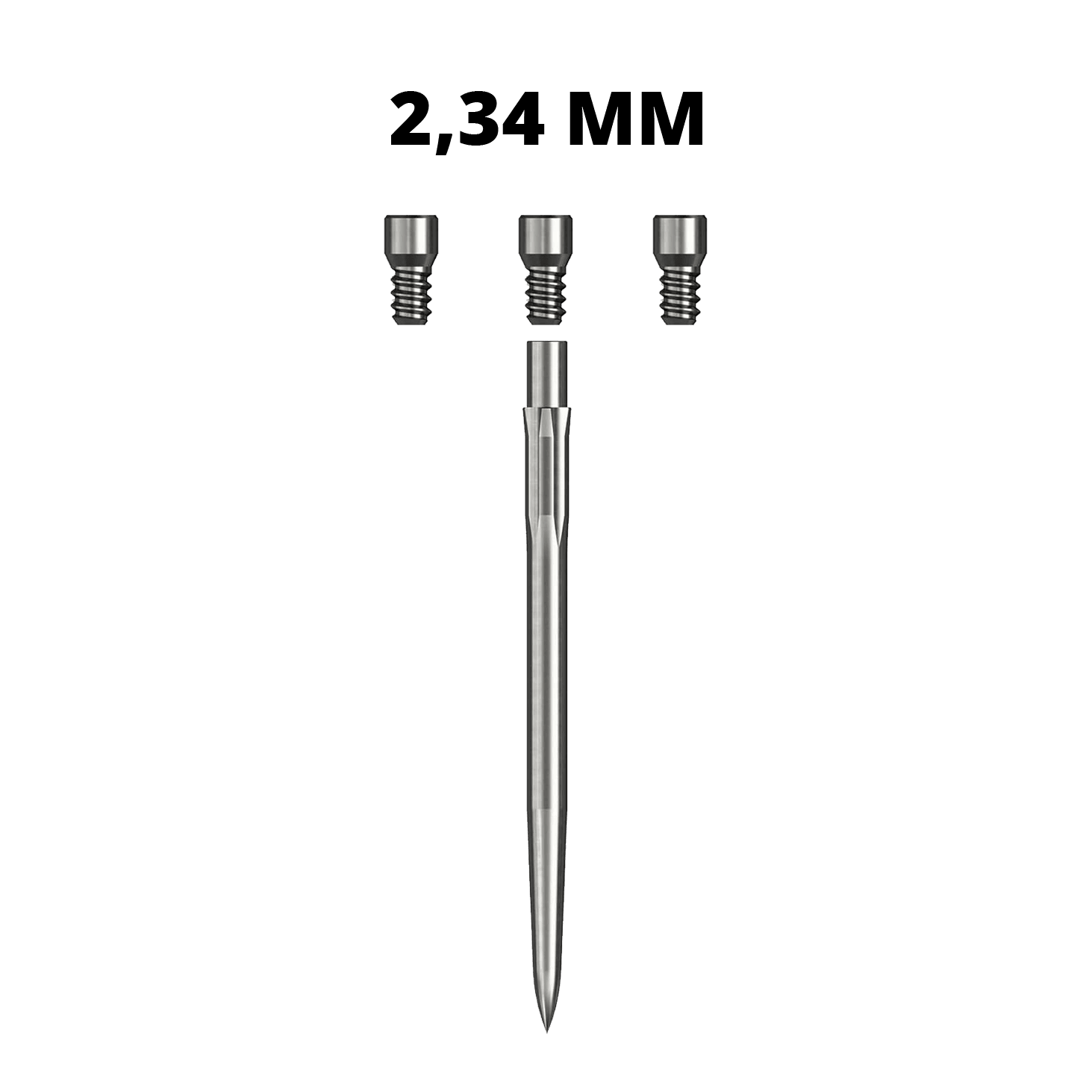 Grifos del sistema Caliburn Ein silbernes Caliburn Evo System Steeldartspitze Spigot mit einer Länge von 23,4 mm ist abgebildet. Die Dartspitze liegt auf weißem Hintergrund.