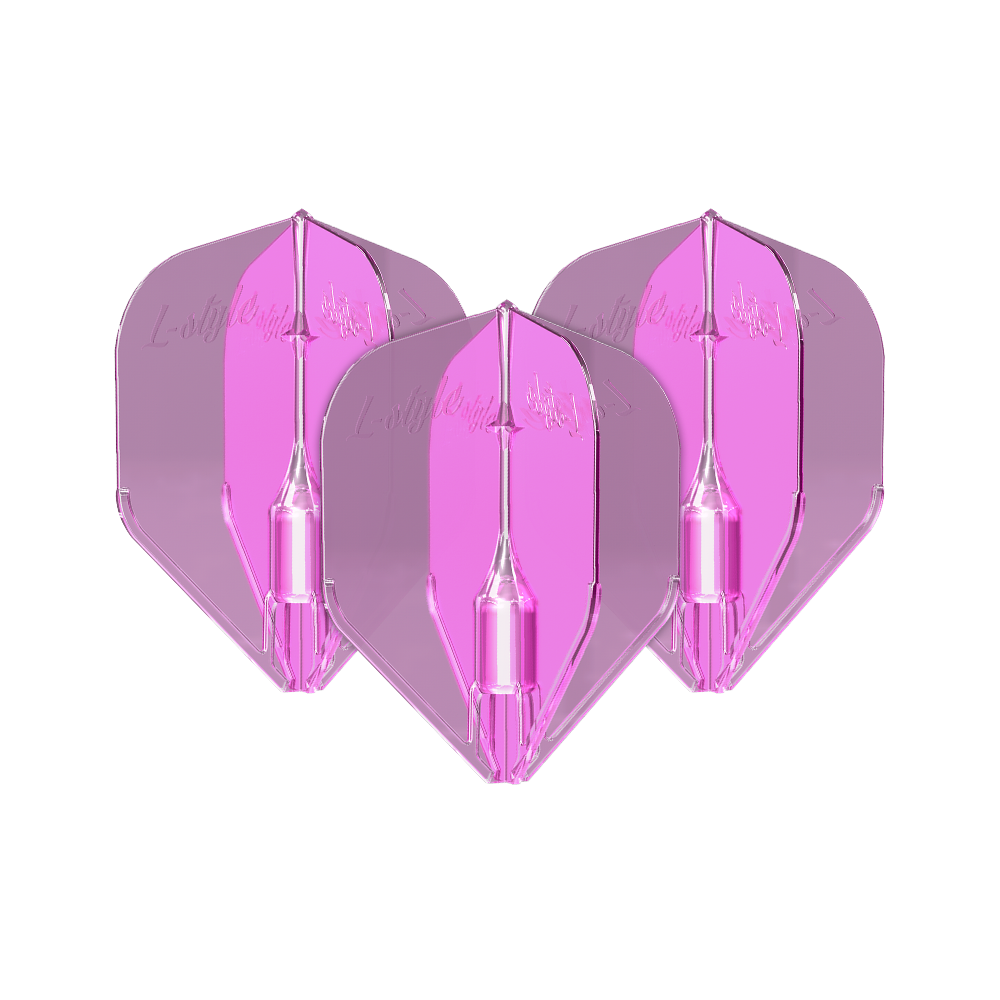 Plumas L-Style Fantom L3EZ Rosa Transparente Das Bild zeigt drei klare, pinke Dartflights des Modells "L-Style Fantom L3EZ". Die Flights sind transparent und haben eine leuchtend pinke Farbe.