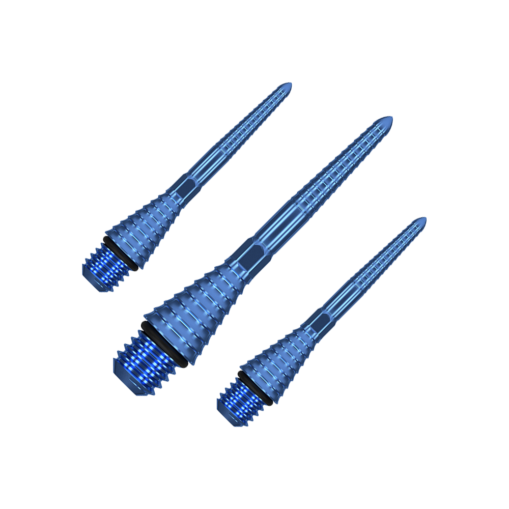380176_Target_Titanium_Swiss_Point_Grooved_Conversion_Points_Blau_26mm_1 Auf dem Bild sind drei blaue, gerillte Spitzen mit Gewinde zu sehen. Sie sind aus Metall und haben eine konische Form.
