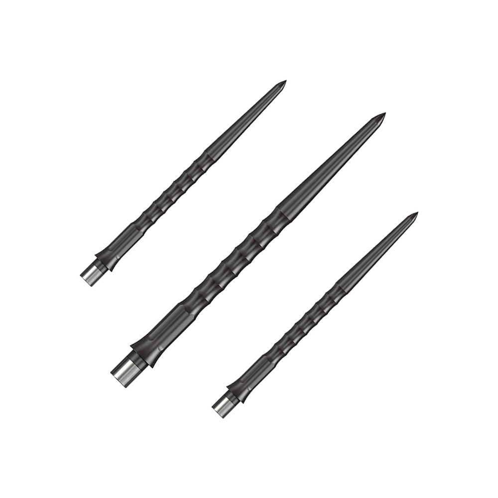 Puntas Steeldart del sistema Caliburn - Ondulada - Sin labio - Negras Dargestellt ist ein Set schwarzer Steeldartspitzen mit Ripple NoLip Design, 36 mm lang. Diese sind Bestandteil des Caliburn Evo Systems.