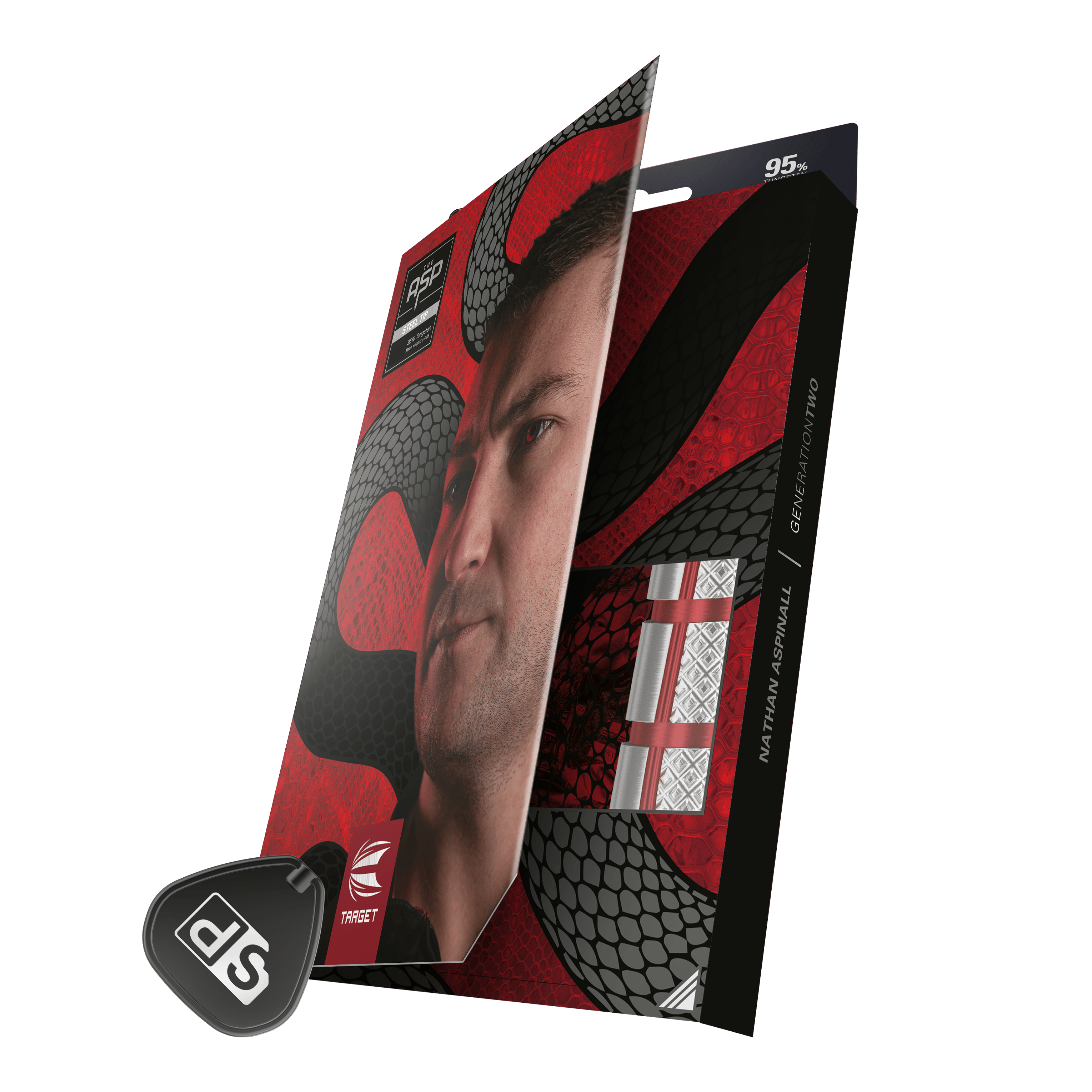 Dardos de acero Target Nathan Aspinall GEN2 Swiss Point Auf der Verpackung sind Target Steeldarts mit einem auffälligen roten und schwarzen Design zu sehen. Die Packung zeigt auch ein Porträt eines Mannes und den Namen "Nathan Aspinall".