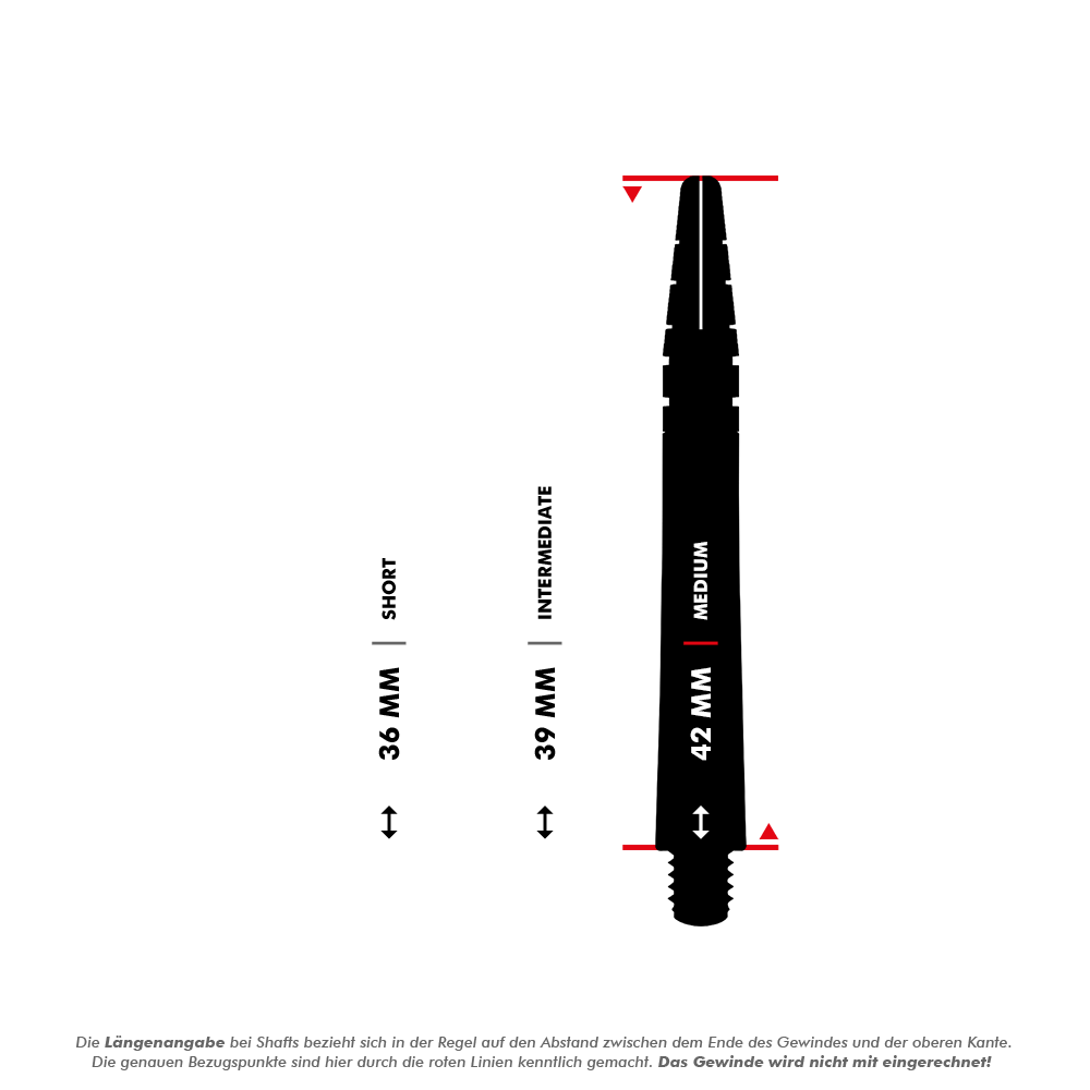 C792_Red_Dragon_Nitrotech_Peter_Wright_Purple_Ionic_Shafts_5_42mm9Rwgc4N0ZpVM0 Das Bild zeigt einen Größenvergleich von drei verschiedenen Shafts für Dartpfeile mit den Längen 36 mm (Short), 39 mm (Intermediate) und 42 mm (Medium). Die roten Linien markieren den Messbereich ohne das Gewinde, wie in der Bildunterschrift erklärt.
