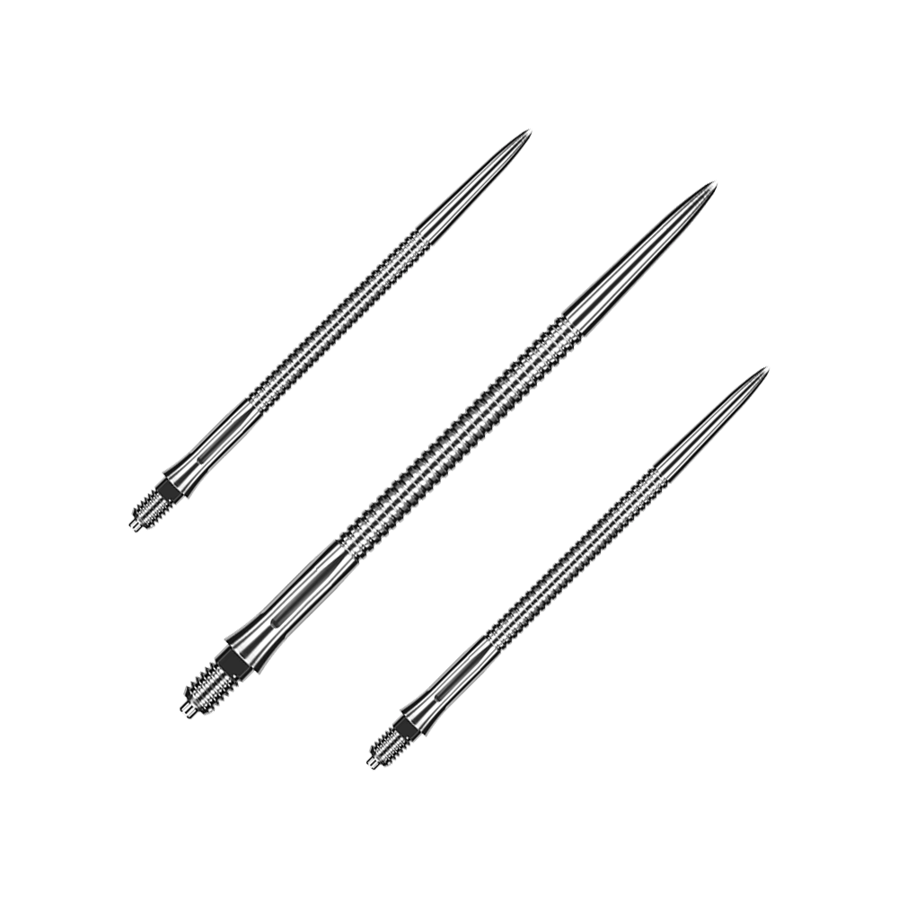 Dieses Bild zeigt ein Set silberner Dartspitzen mit Rillen. Die Spitzen haben eine Länge von etwa 45mm.