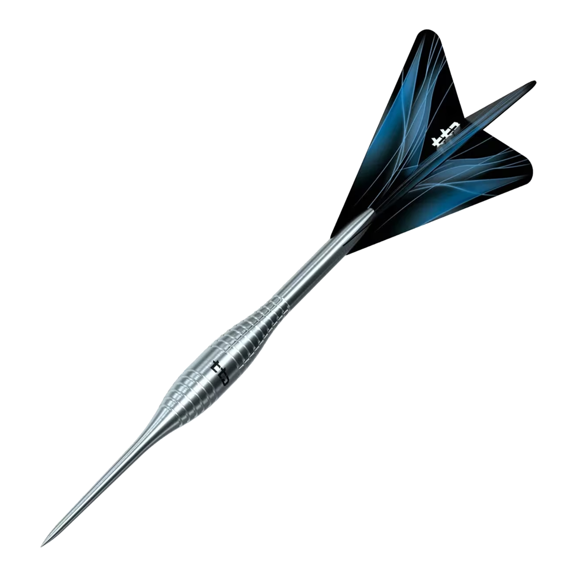 Dies ist eine weitere Ansicht der Caliburn TTD Complete Titanium T2 Silver Steeldarts - 6g. Die silbernen Steeldarts sind für professionelle Dartspieler geeignet.