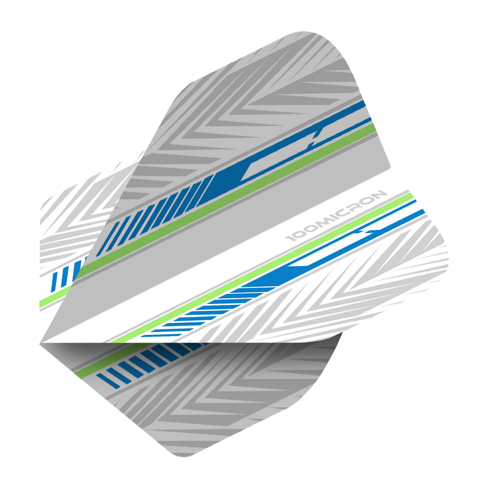 Vuelos de pentatlón blanco/azul/verde Das Bild zeigt ein Dartflight mit dem Namen "Pentathlon White Blue Green No2 Standard Flights". Das Design ist überwiegend weiß und grau mit blauen und grünen Streifen sowie einem chevronartigen Muster.