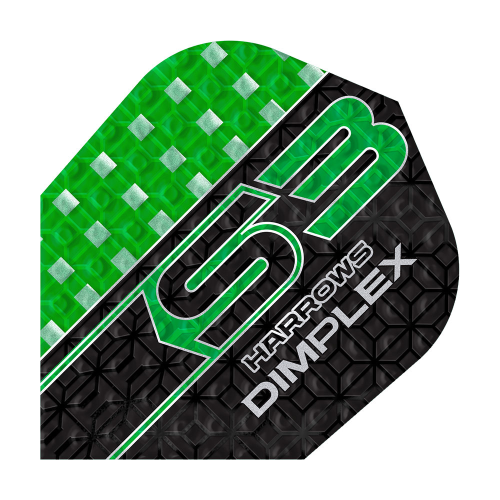 Plumas Harrows Dimplex S3 - Verde Das Bild zeigt ein Harrows Dimplex S3 Dart Flight in grün und schwarz mit geometrischem Muster. Auf dem Flight steht "S3 Harrows Dimplex" in auffälliger Schrift.
