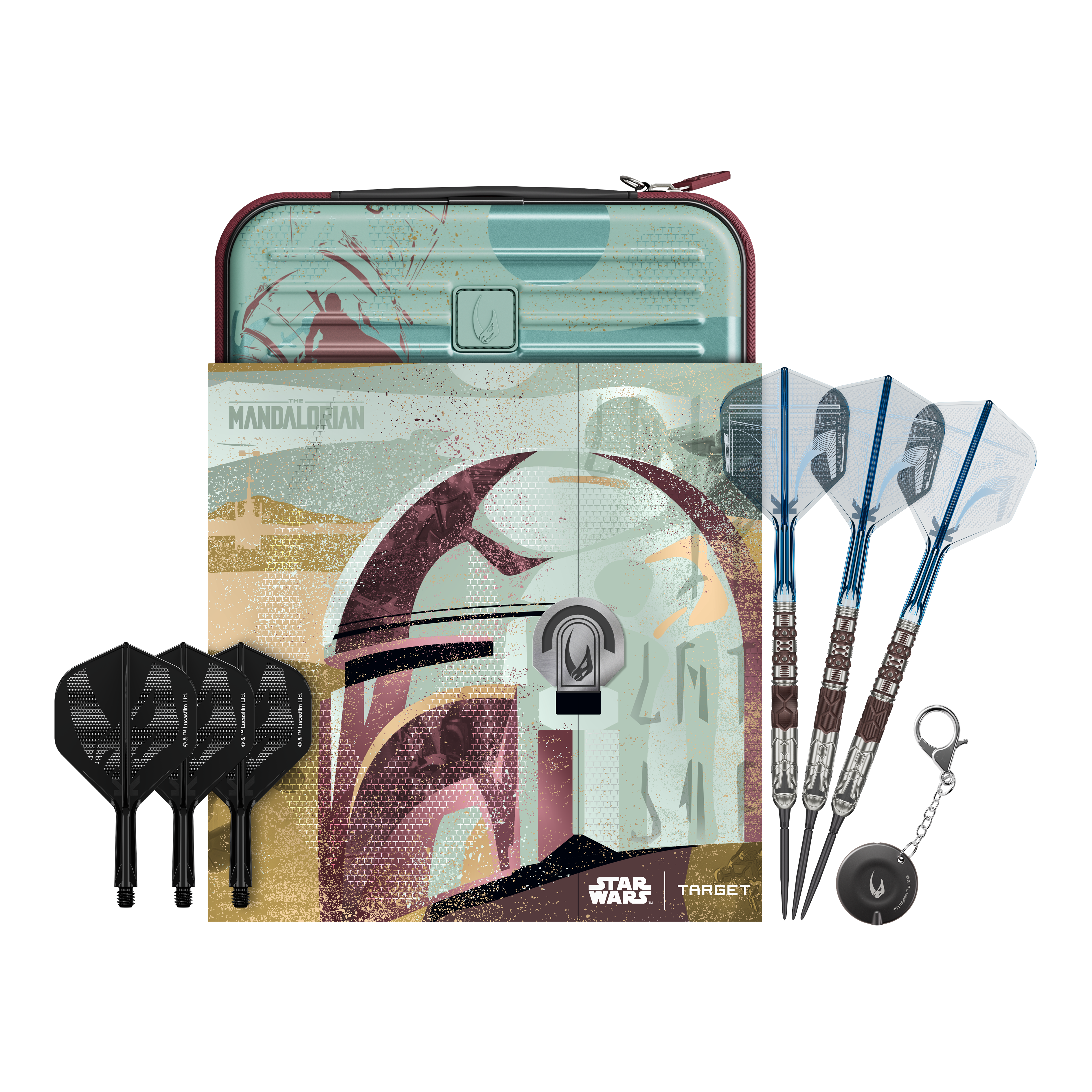 Abgebildet sind Target Star Wars Mandalorian 95 Swiss Point Steeldarts. Diese Darts haben ein einzigartiges Mandalorian-Design.