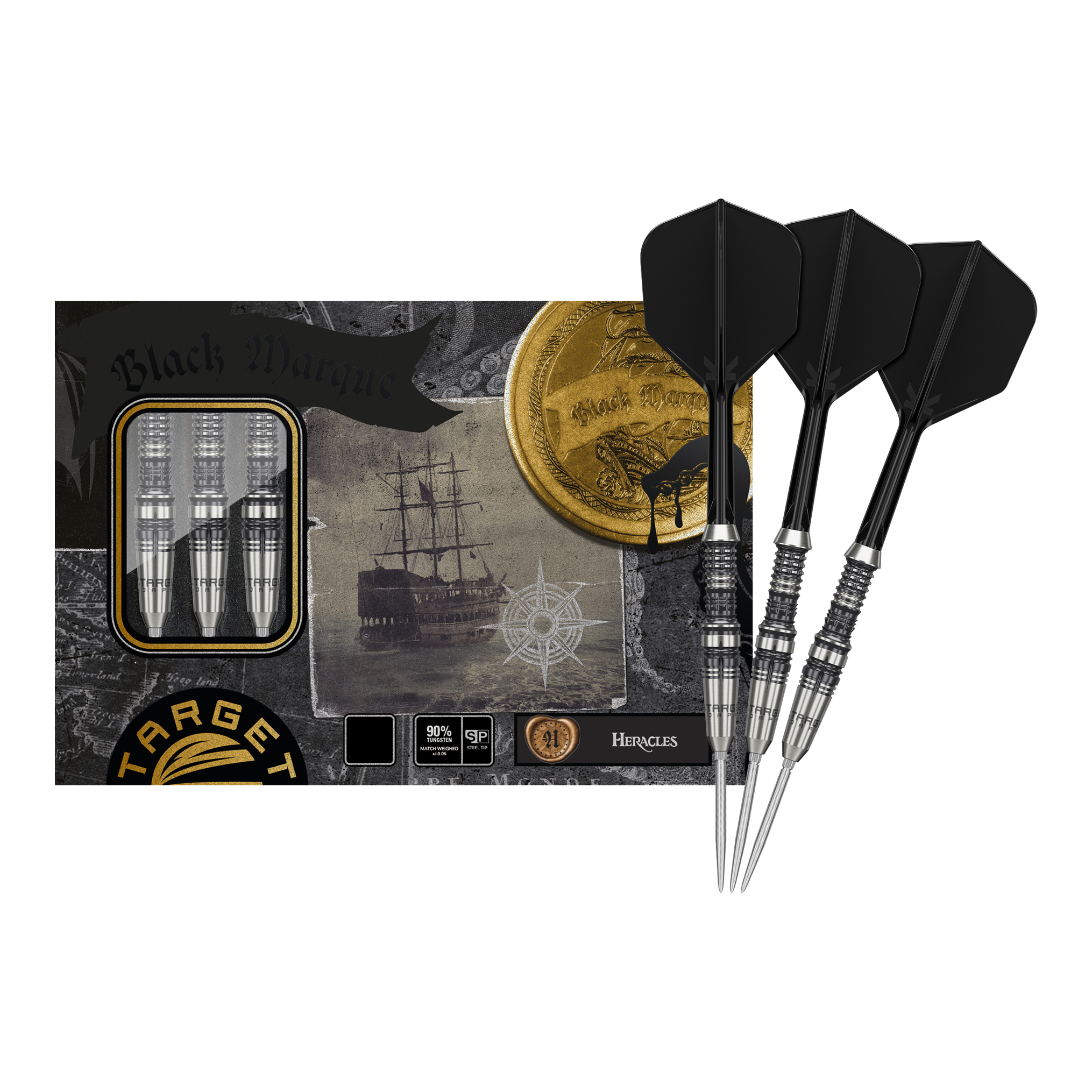 Target Japón Marca Negra Heracles Steeldarts Das Bild zeigt die Target Japan Black Marque Heracles Steeldarts zusammen mit ihrer Verpackung. Drei silberne Darts mit schwarzen Flights liegen rechts neben einer stilvoll gestalteten Box.