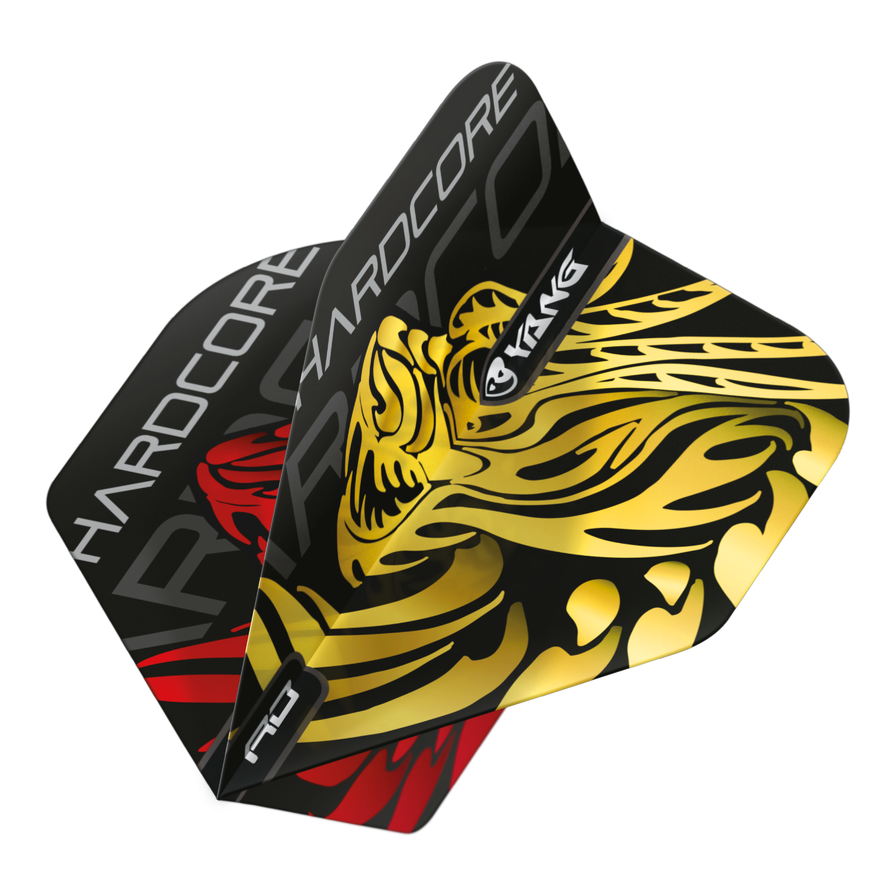 Das Bild zeigt die Red Dragon Jonny Clayton Gold Red Yin Yang Standard Flights mit einem auffälligen goldenen und roten Design. Die Flights haben ein Hardcore-Branding und einen stilisierten Yin-Yang-Druck.