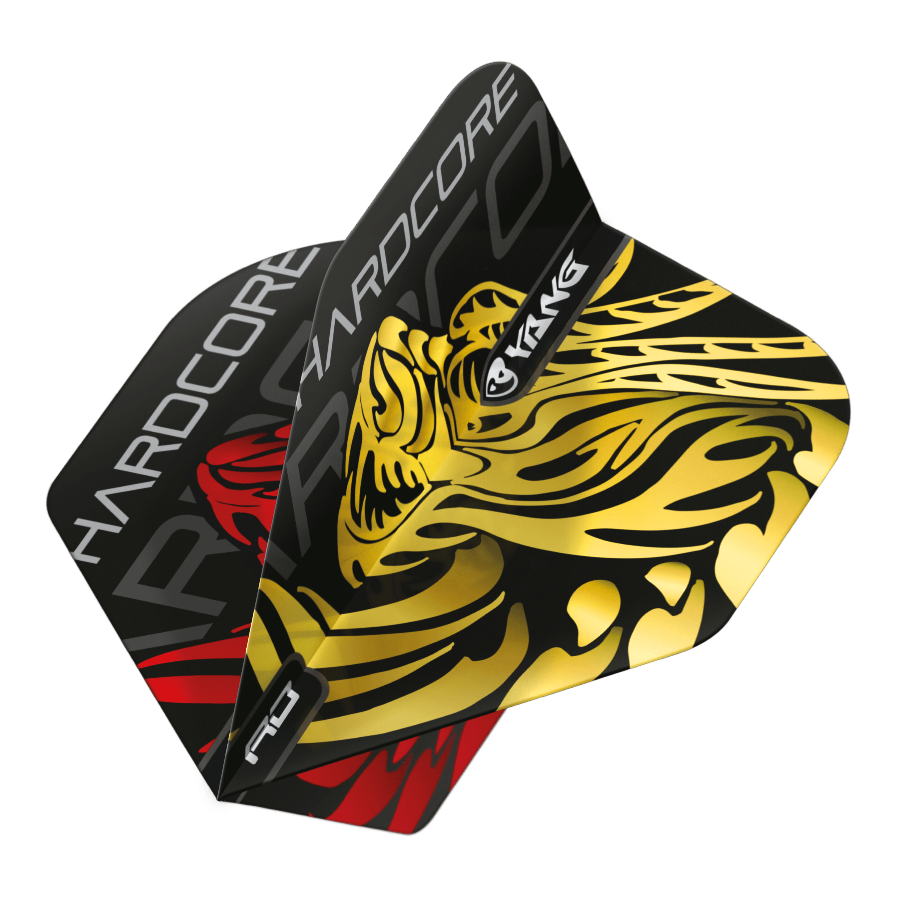Vuelos estándar Red Dragon Jonny Clayton Gold Red Yin Yang Das Bild zeigt die Red Dragon Jonny Clayton Gold Red Yin Yang Standard Flights mit einem auffälligen goldenen und roten Design. Die Flights haben ein Hardcore-Branding und einen stilisierten Yin-Yang-Druck.