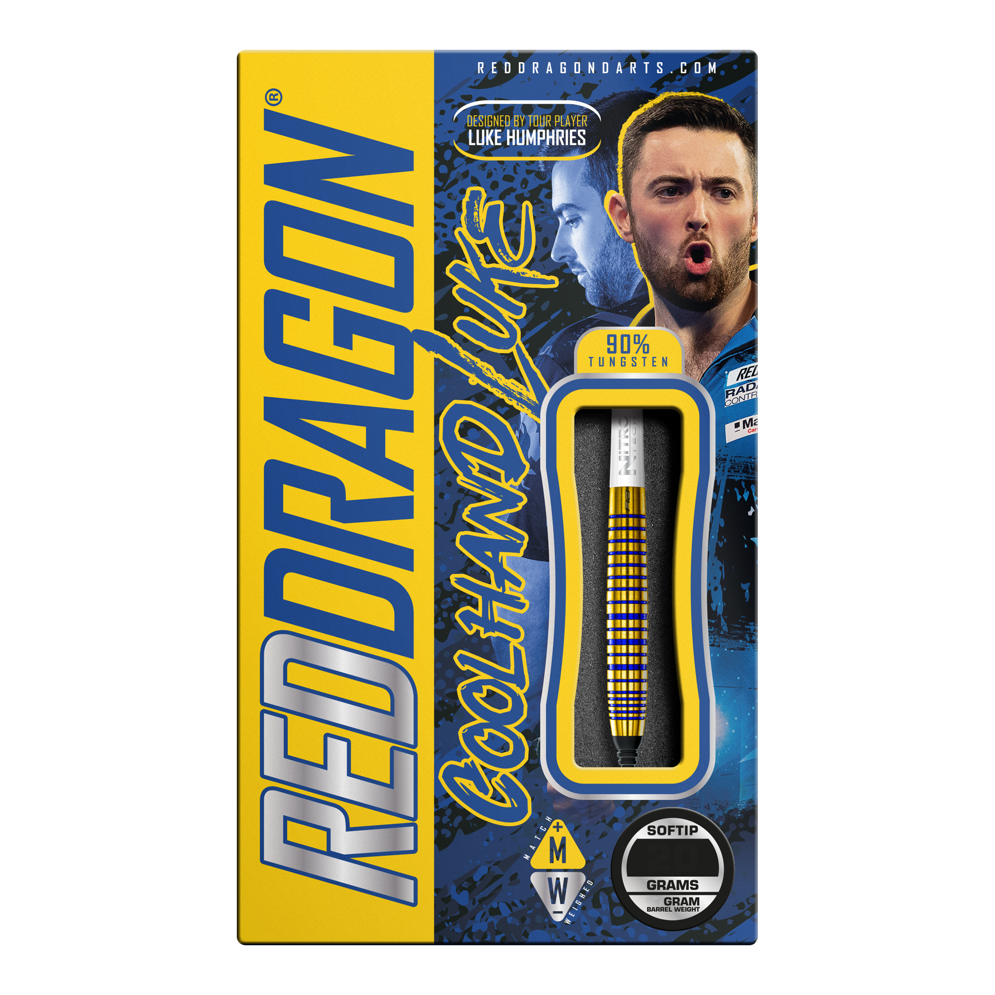 Dardos blandos Red Dragon Luke Humphries TX3 Gold SE - 20 g Die Verpackung zeigt die "Red Dragon Luke Humphries TX3 Gold SE Softdarts - 20g". Auf der Box sind ein Dartpfeil, das Bild eines Spielers und auffällige gelbe und blaue Grafiken zu sehen.