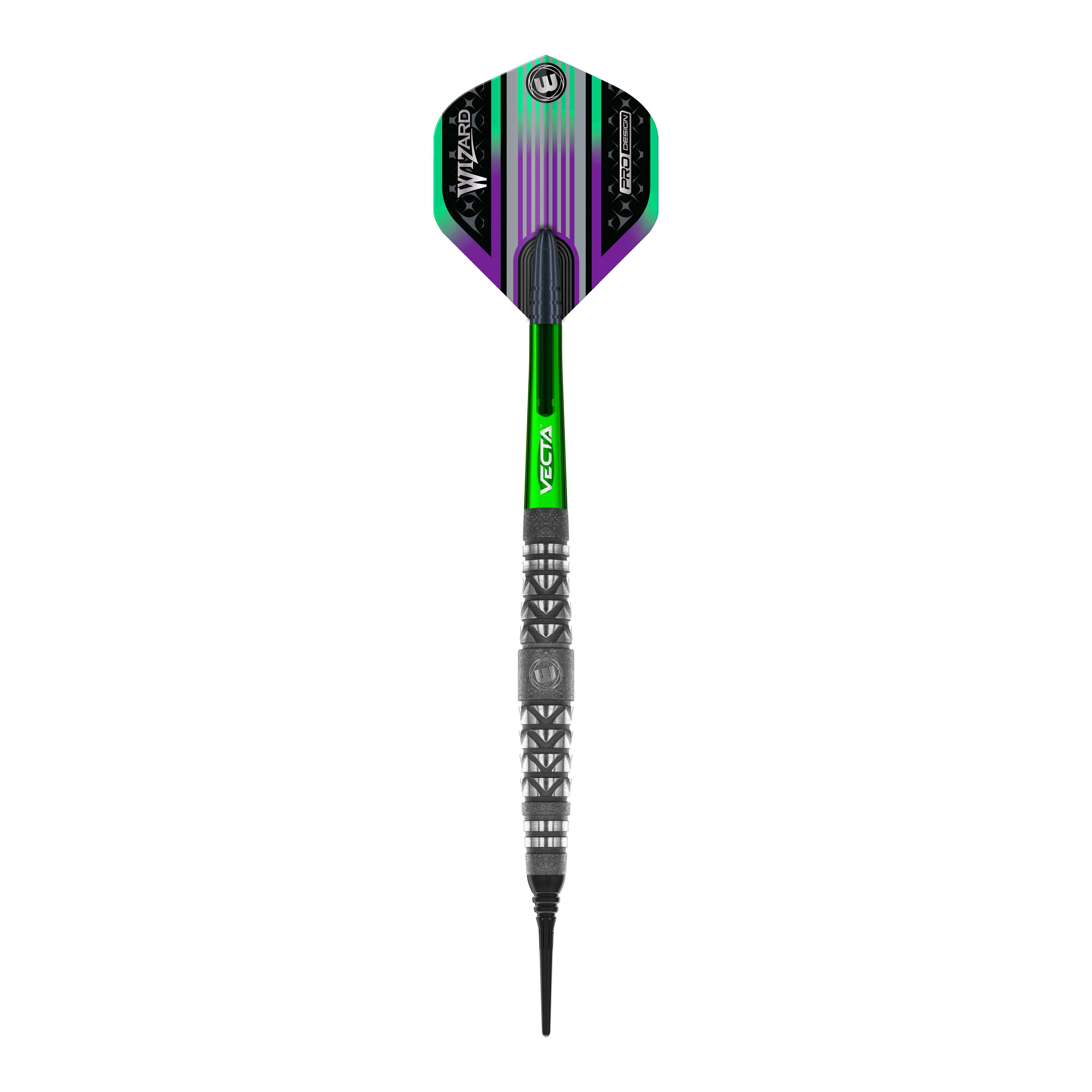 Dardos suaves con agarre atomizado Winmau Simon Whitlock Das Bild zeigt den Winmau Simon Whitlock Atomised Grip Softdart. Der Dartpfeil hat grüne und schwarze Akzente sowie eine strukturierte Griffzone.