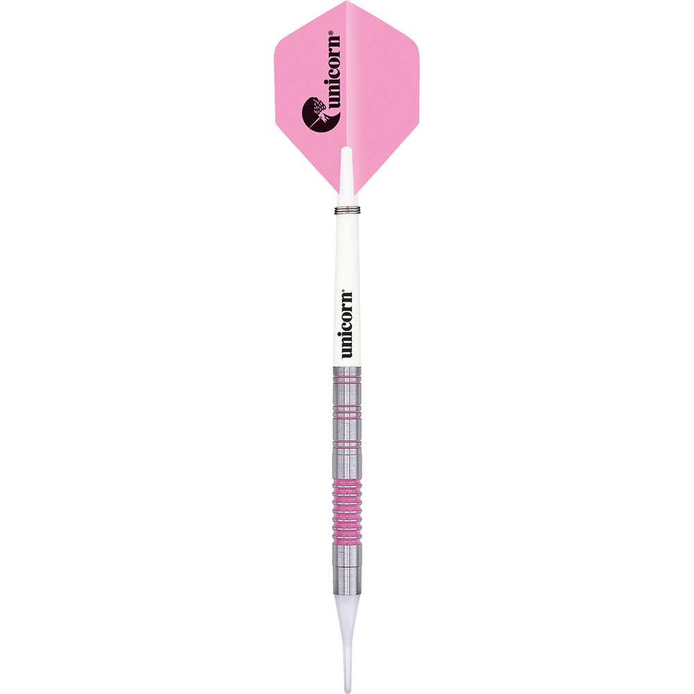 06033_Unicorn_Autograph_Softdarts_1nZM6WqPDc0wUz Das Bild zeigt einen Softdart der Marke Unicorn mit einem Gewicht von 19g. Der Dart hat eine pinke Flugfeder und einen silbernen Schaft mit pinken Akzenten.