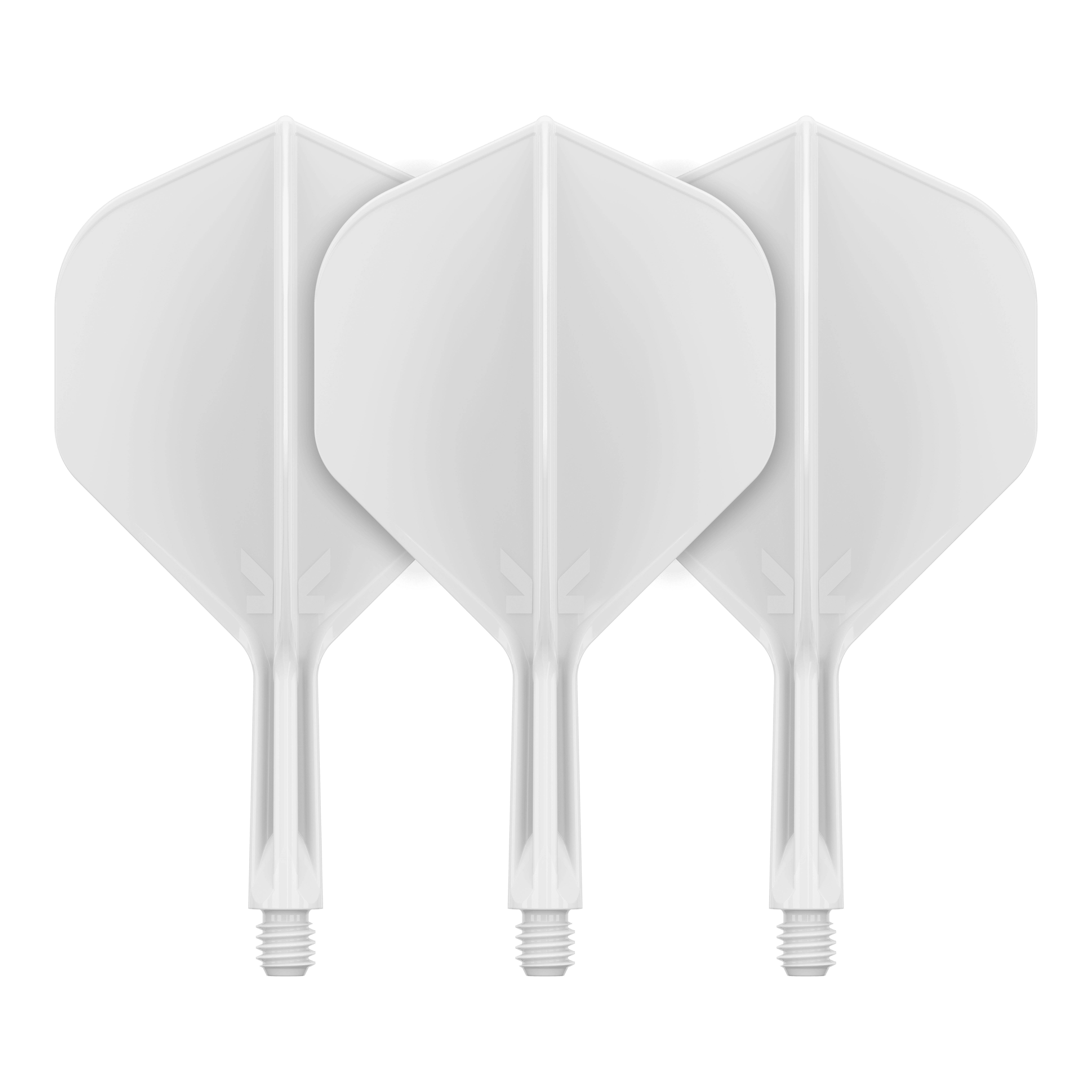 Sistema de vuelo estándar Target K-Flex No2 - Blanco Auf dem Bild sind drei weiße Dartflights mit integrierten Schäften zu sehen. Sie sind nebeneinander angeordnet und haben eine standardmäßige, breite Form.