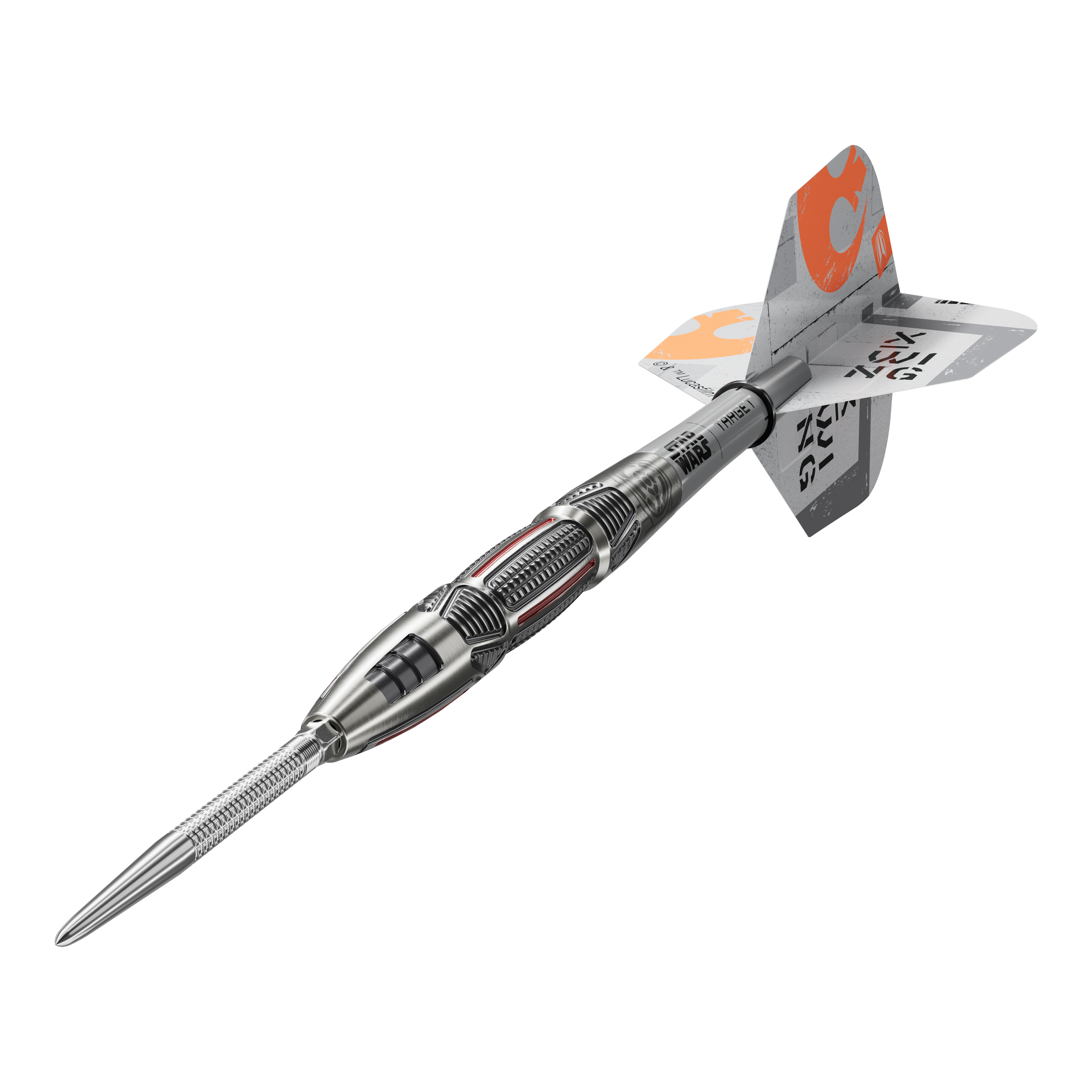 Dardos de acero Target Star Wars X-Wing Swiss Point Target Star Wars X-Wing Swiss Point Steeldarts sind hochwertige Steeldarts mit X-Wing-Design. Das Bild zeigt die Darts aus einer Detailperspektive.