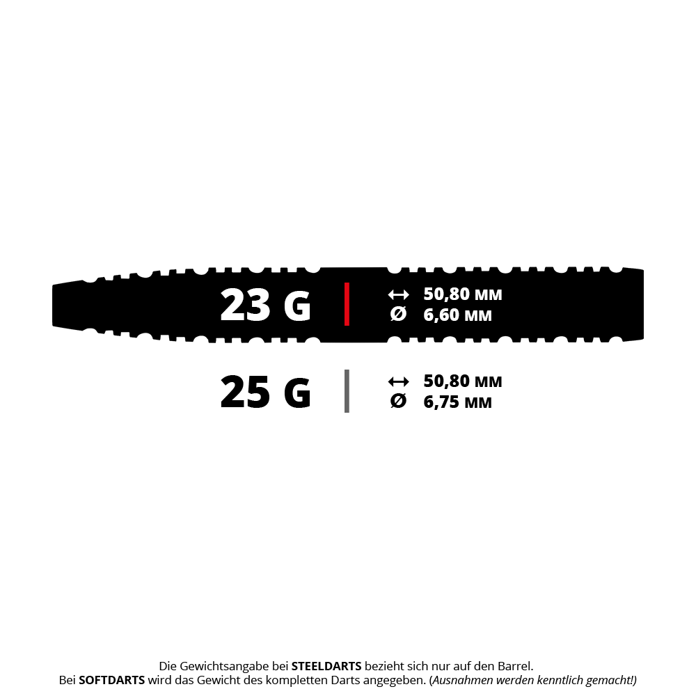 Dardos Red Dragon Dragonfly 95 de acero cónico negro Auf dem Bild sind die technischen Daten für zwei Steeldarts-Gewichte zu sehen: 23 Gramm und 25 Gramm. Beide Darts haben eine Länge von 50,80 mm; der Durchmesser beträgt 6,60 mm bei 23 g und 6,75 mm bei 25 g.
