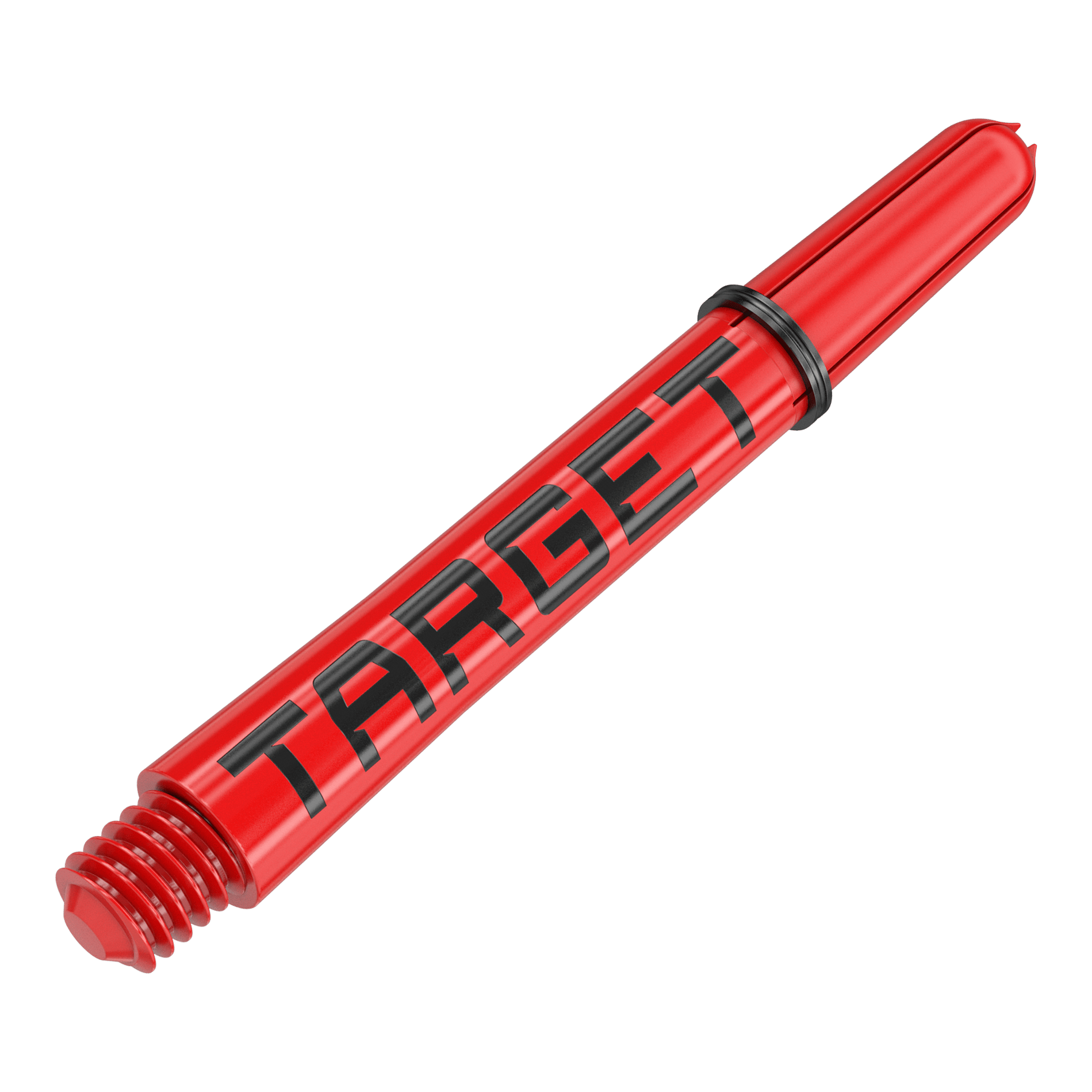 Varillas Target Pro Grip TAG - 3 juegos - Rojo Das Bild zeigt einen roten Dartschafte mit der Aufschrift "TARGET" in schwarzen Buchstaben. Der Schaft hat ein Schraubgewinde und einen schwarzen Gummiring.