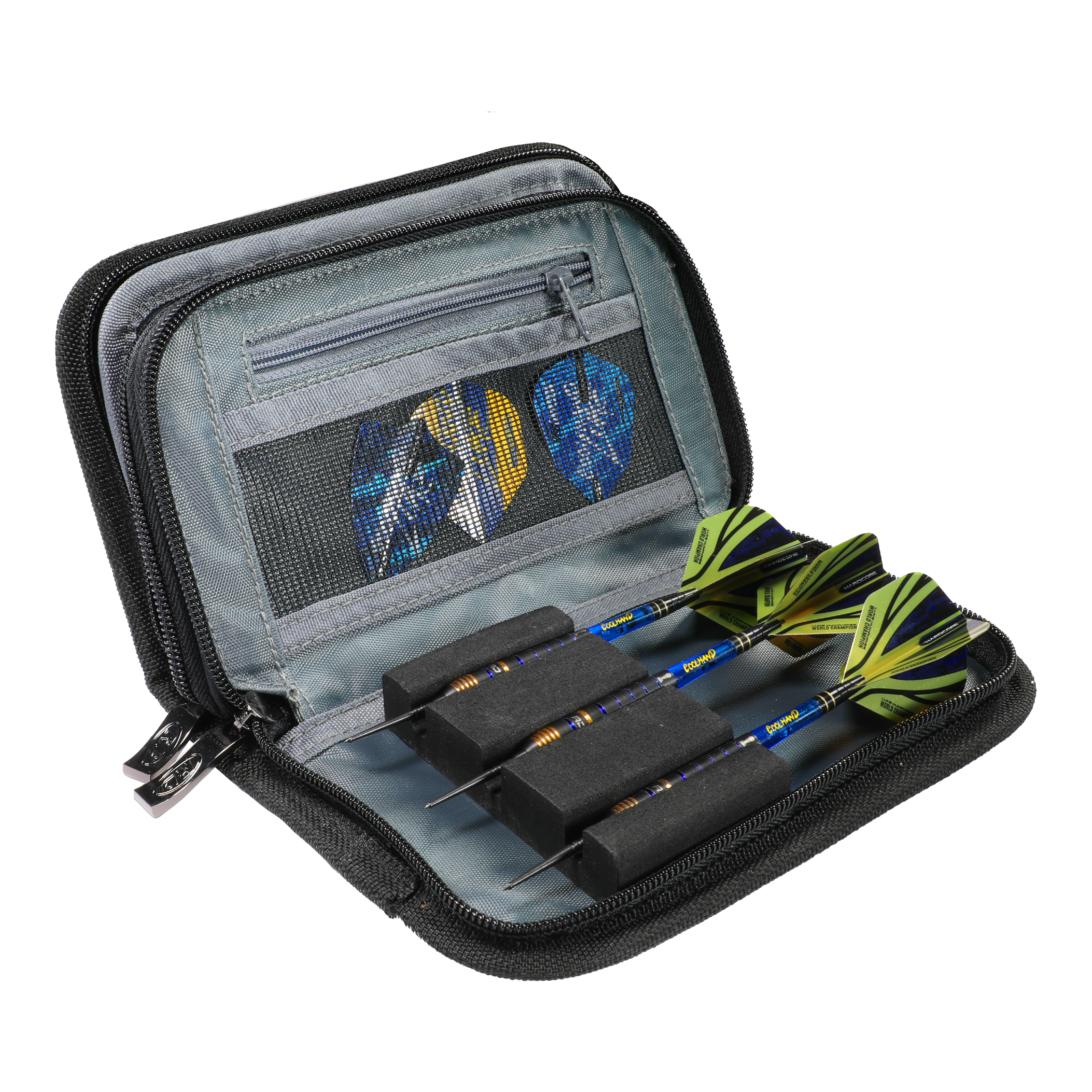 Cartera de 2 dardos Firestone, campeón mundial Luke Humphries de Red Dragon Das Bild zeigt das Produkt 'Red Dragon Luke Humphries World Champion Firestone 2 Dartwallet'. In dem geöffneten Etui sind drei zusammengebaute Darts und Dartflights ordentlich aufbewahrt.