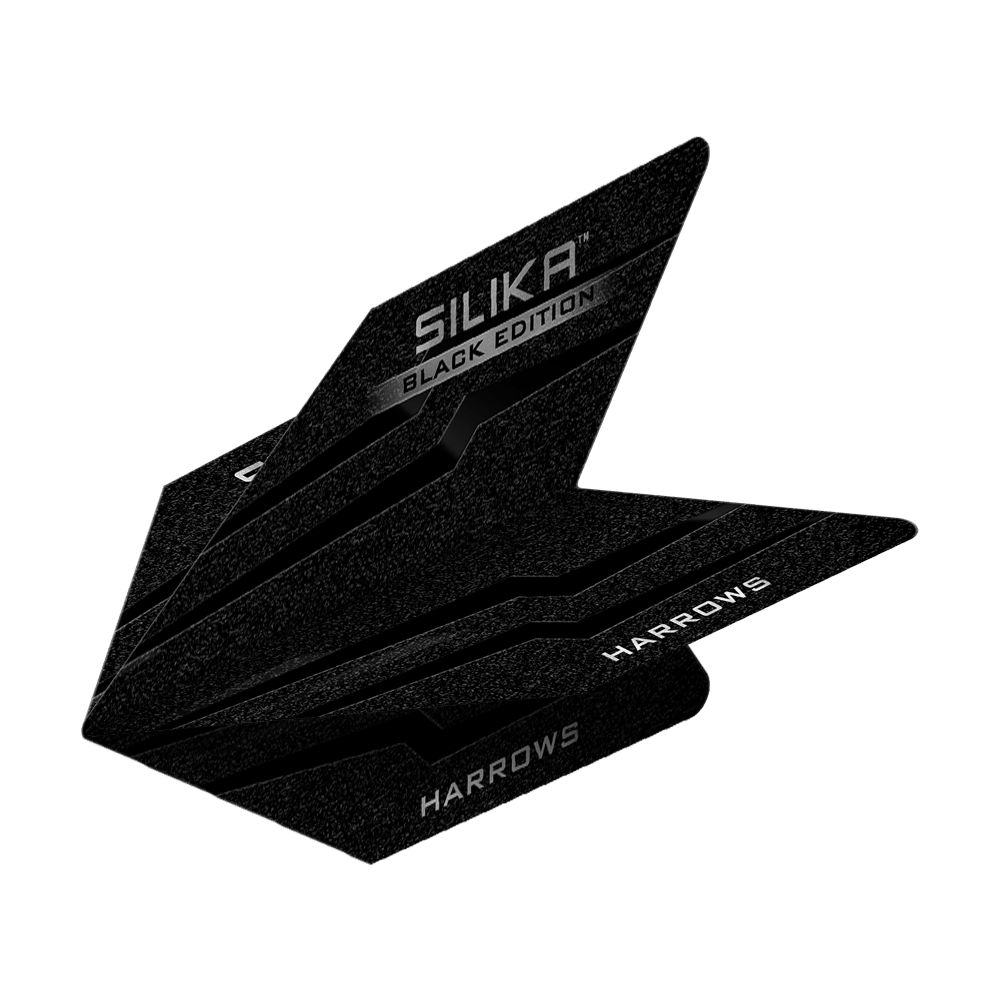 Vuelos Harrows Silika Black Edition Velos Das Bild zeigt die Harrows Silika Black-Edition Velos Flights. Die Flights sind schwarz mit silbernen Schriftzügen und haben ein modernes, eckiges Design.