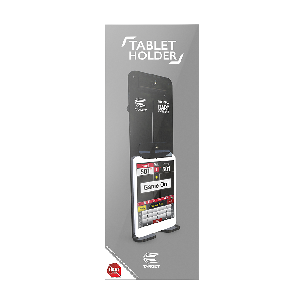 119649_Target_Tablet_Wandhalterung_3 Das Bild zeigt die "Target Tablet Wandhalterung" zur Befestigung eines Tablets an der Wand. Auf dem Tablet ist eine Dartspiel-App zu sehen.