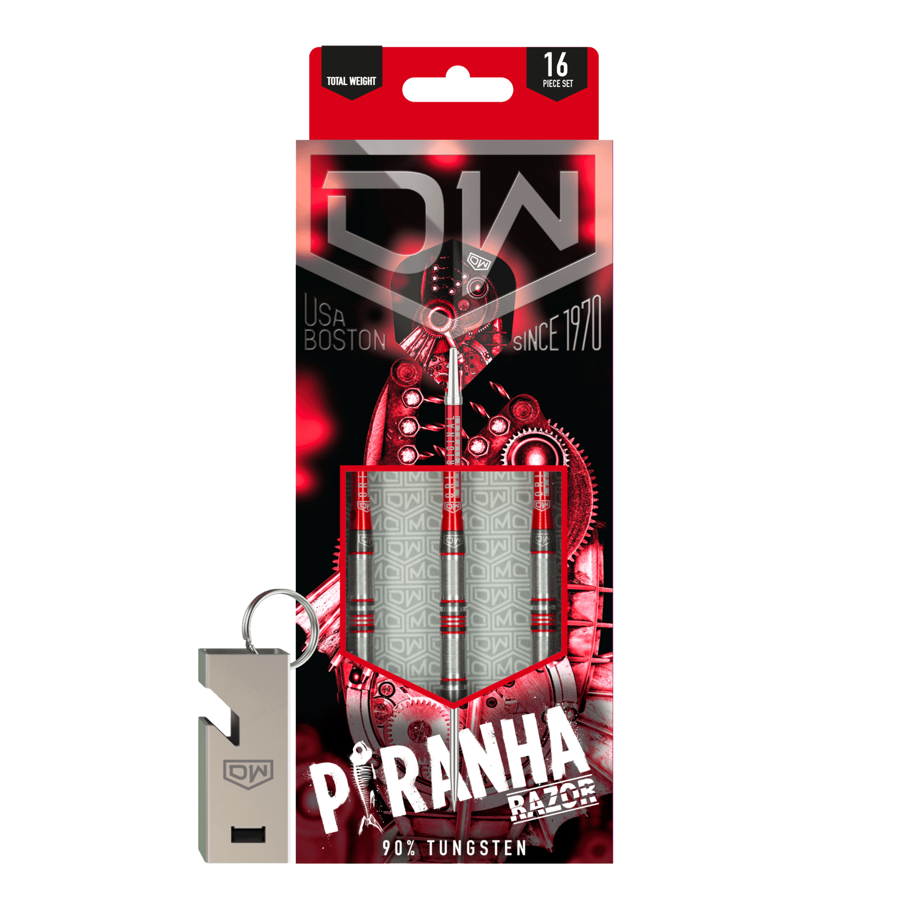 Dardos de acero DW Piranha Razor 01 Das Bild zeigt die Verpackung der "DW Piranha Razor 01 Steeldarts". In der Packung sind drei Darts aus 90% Tungsten und ein silberner Schlüsselanhänger enthalten.