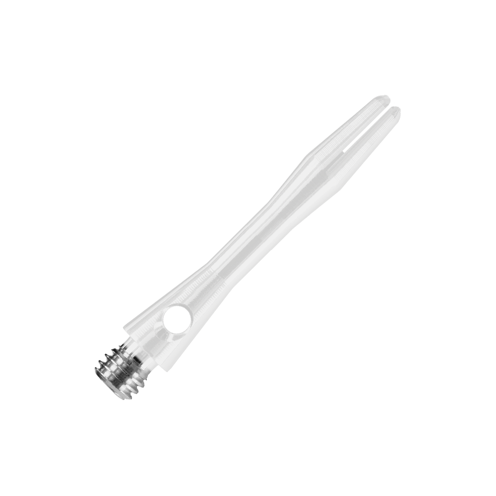 Das Bild zeigt einen weißen Harrows Keramic Shaft für Dartpfeile. Der Schaft hat ein glattes, leicht durchsichtiges Design mit einem Metallgewinde am Ende.