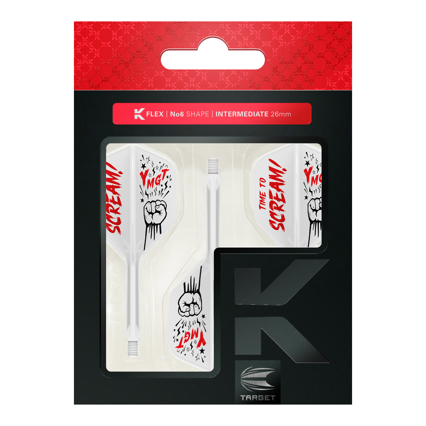 Sistema de eje de vuelo Target Japan K-Flex Scream No6 Das Bild zeigt das Produkt „Target Japan K-Flex Scream No6 Flight-Shaft-System“ in seiner Verpackung. Die Flights sind weiß mit roten und schwarzen Grafiken und dem Schriftzug „TIME TO SCREAM!“.