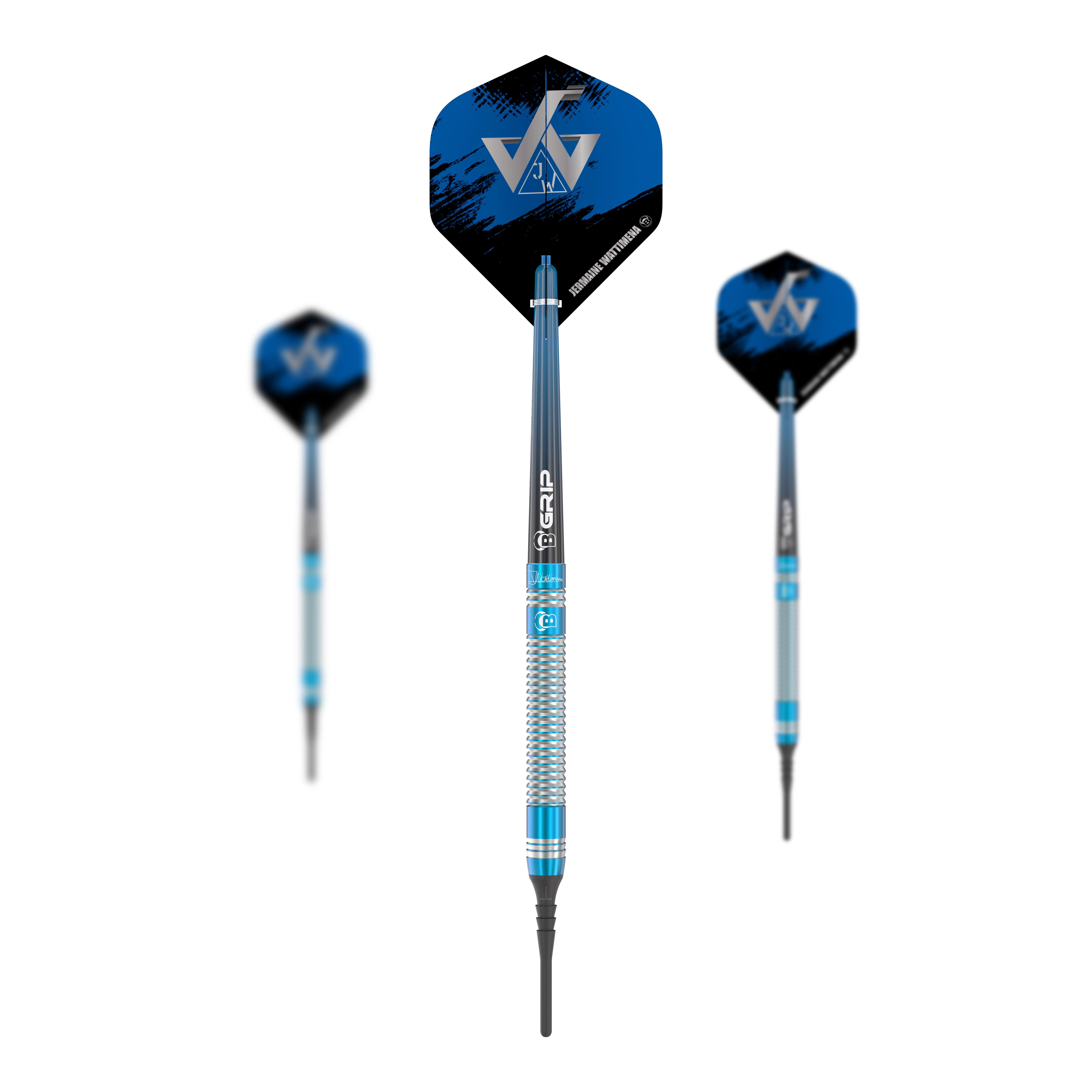 Dardos blandos Bulls Jermaine Wattimena Generation 3 - 20 g Das Bild zeigt die Bulls Jermaine Wattimena Generation 3 Softdarts mit einem Gewicht von 20g. Die Darts haben ein blau-silbernes Design mit schwarzen und blauen Flights.