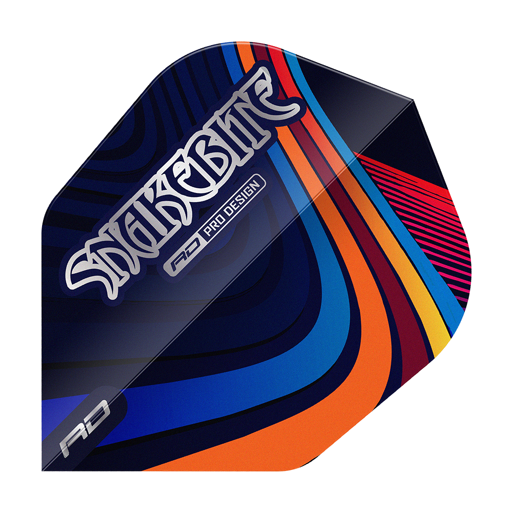 Dragon Rojo Peter Wright Snakebite Multi Swirl No6 Flights Das Bild zeigt ein Dart-Flight mit dem Aufdruck "Snakebite" und farbenfrohen, geschwungenen Linien. Das Design ist modern und hebt sich durch seine bunten Muster hervor.