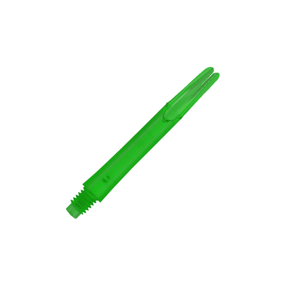 Ejes en L estilo L bloqueados rectos - Verde Auf dem Bild ist ein grüner, gerader Dart-Schaft zu sehen. Der Schaft hat ein Gewinde am unteren Ende und eine gesplittete Spitze am oberen Ende.