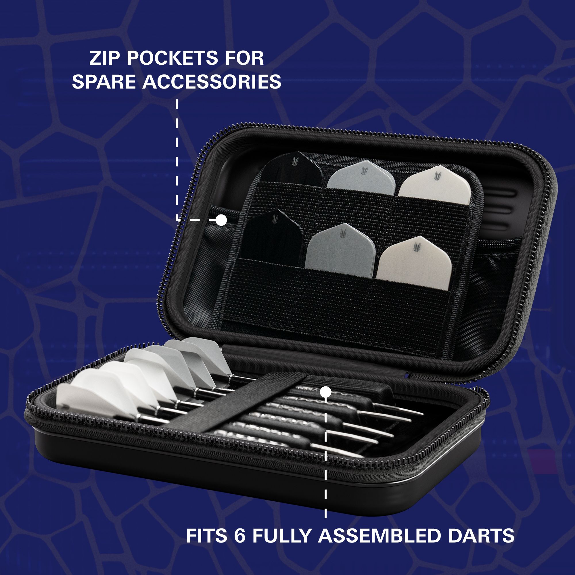 Estuche para dardos Target Takoma Josh Rock XL Das Bild zeigt das Produkt "Target Takoma Josh Rock XL Dartcase". Es bietet Platz für sechs vollständig montierte Darts und hat Reißverschlusstaschen für Ersatz-Zubehör.