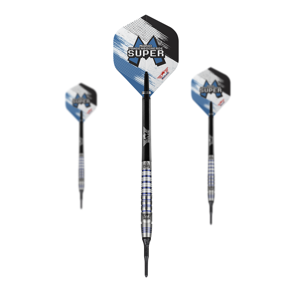 Dardos suaves Bulls NL Mario Vandenbogaerde 90% - 20 g Auf dem Bild sind drei Softdarts des Modells "Bulls NL Mario Vandenbogaerde 90% Softdarts - 20g" zu sehen. Die Darts haben silberne und blaue Akzente mit dem Namen des Spielers auf den Flights.