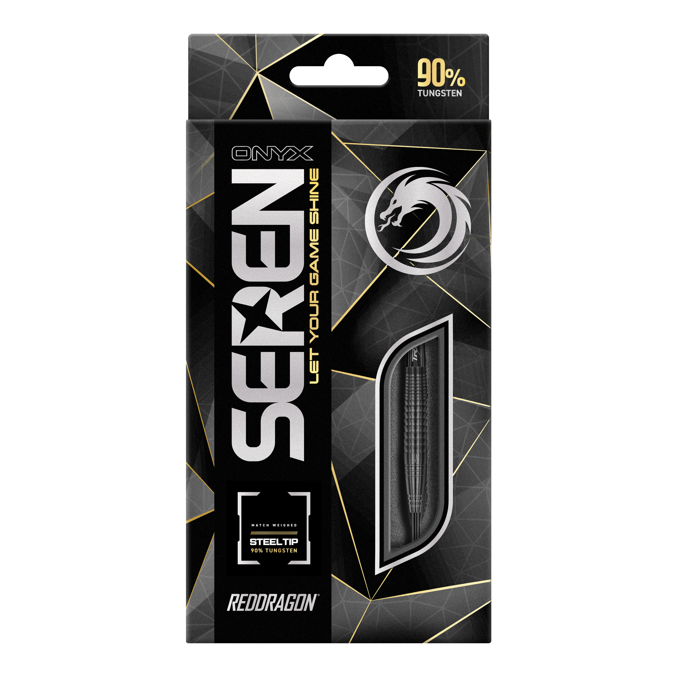 Red Dragon Seren 4 Dardos de Acero de Ónix Das Bild zeigt die Verpackung der "Red Dragon Seren 4 Onyx Steeldarts". Auf der Verpackung steht, dass die Darts aus 90% Tungsten bestehen.