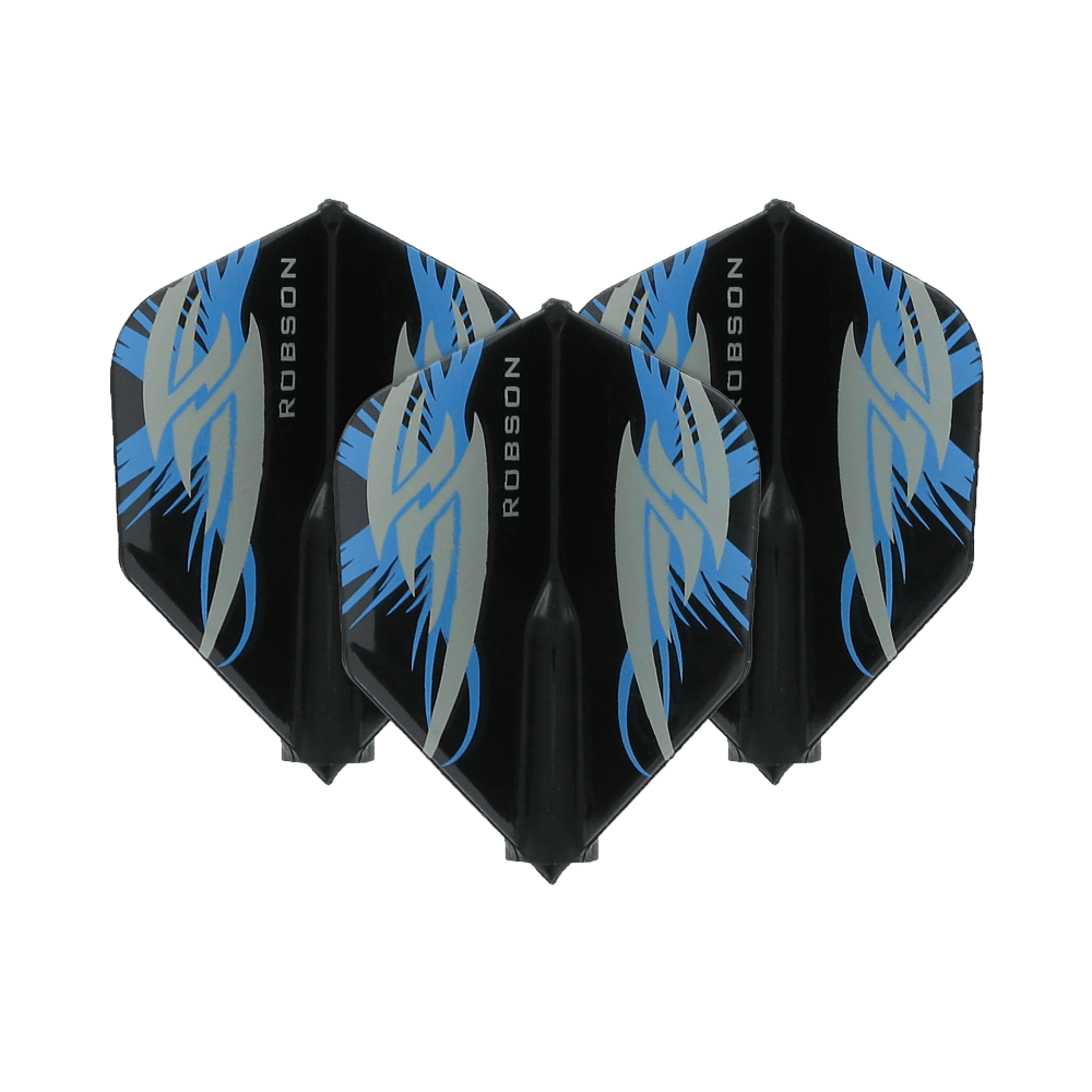 Robson Plus Flights Standard Argo Black Das Bild zeigt drei schwarze Dart-Flights der Marke Robson Plus mit blauen und grauen Mustern. Auf jedem Flight steht seitlich der Schriftzug "ROBSON".