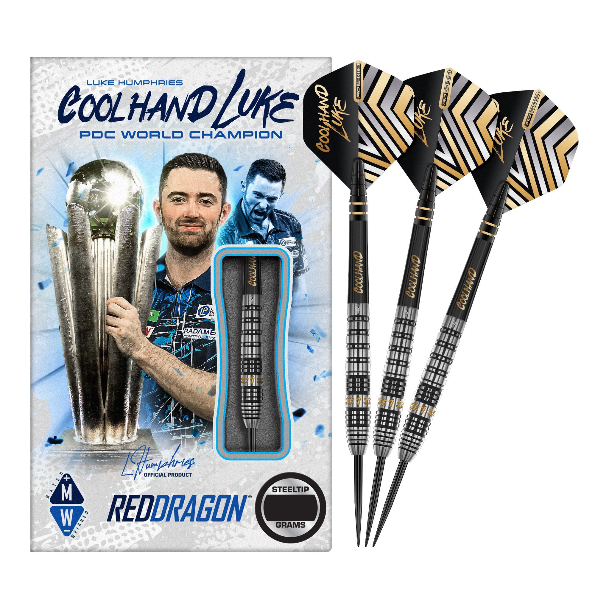 Dardos de acero Red Dragon Luke Humphries Prestige Das Bild zeigt eine Packung "Red Dragon Luke Humphries Prestige Steeldarts" mit einem Bild von Luke Humphries als PDC Weltmeister. Neben der Verpackung sind drei schwarz-silberne Steeldarts mit speziellen Flights abgebildet.