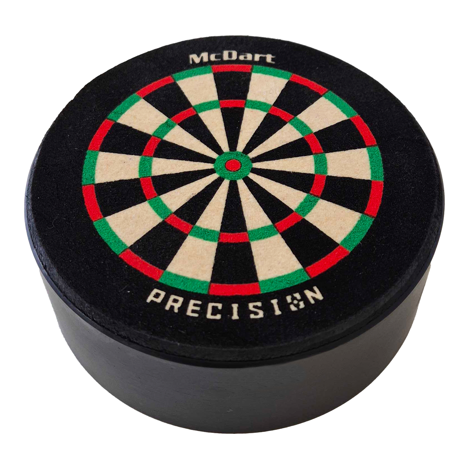 Porta dardos McDart Precision Mini Das Bild zeigt die McDart Precision Mini Dartboard Darthalter. Es ist eine kleine, runde Dartscheibe mit farbigen Segmenten und dem Schriftzug "McDart Precision" darauf.