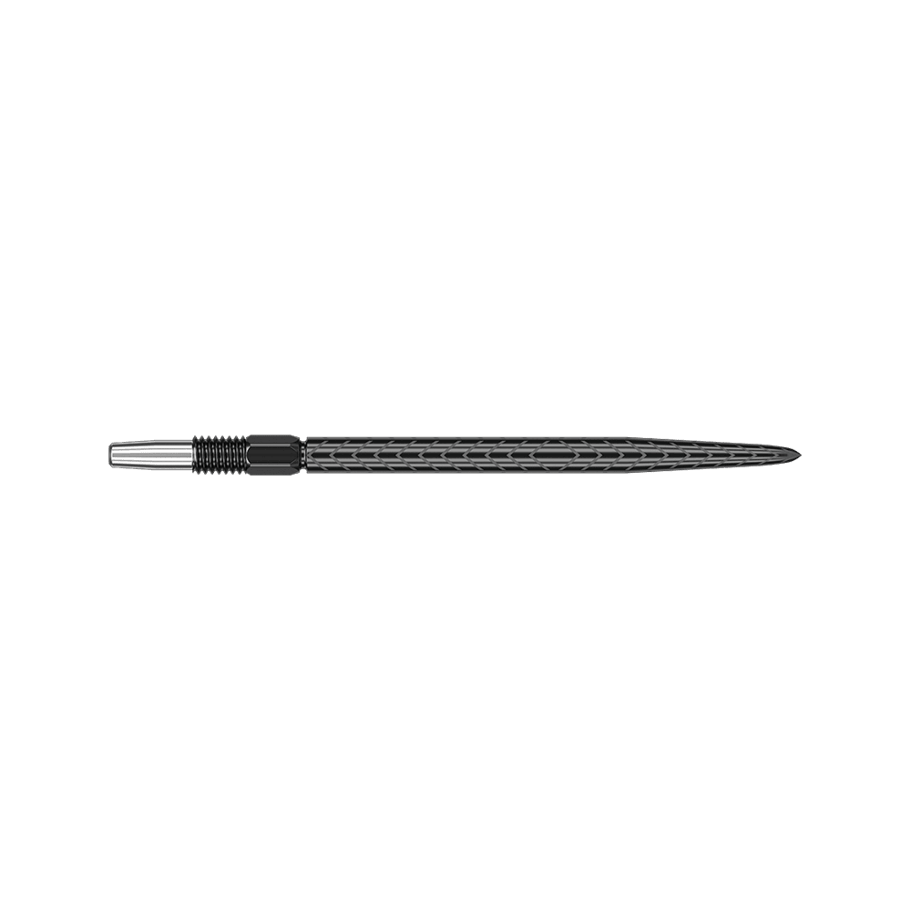 Puntas de dardos Target Swiss Point RVE - Negras Das Bild zeigt eine schwarze Dartspitze mit einem geriffelten Muster. Die Spitze ist schlank und hat ein silbernes Gewinde am hinteren Ende.