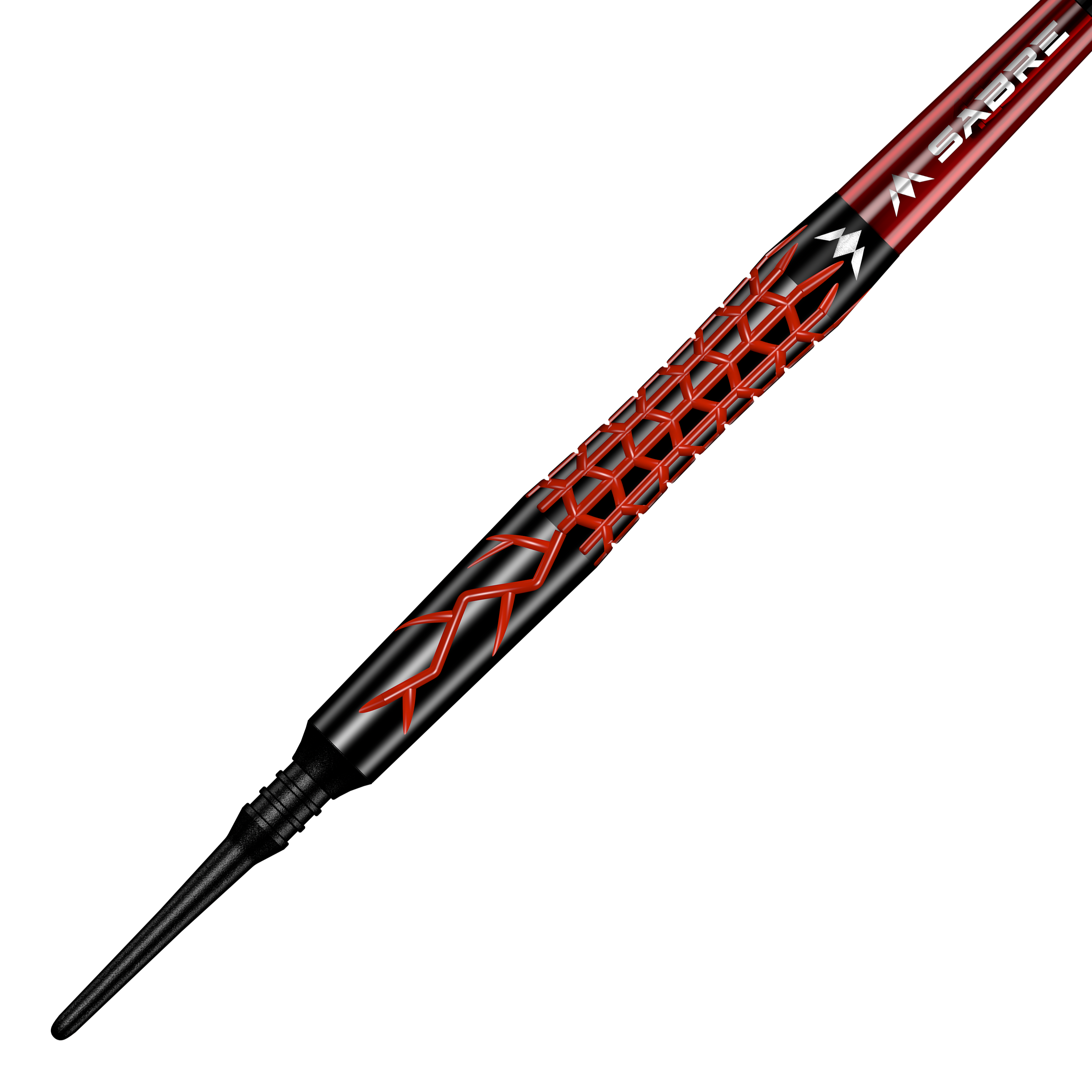 Dardos blandos Mission Lava - 20 g Das Bild zeigt den Mission Lava Softdart mit einem Gewicht von 20 Gramm. Der Dartpfeil hat ein auffälliges schwarzes und rotes Design mit geometrischem Muster auf dem Griff.