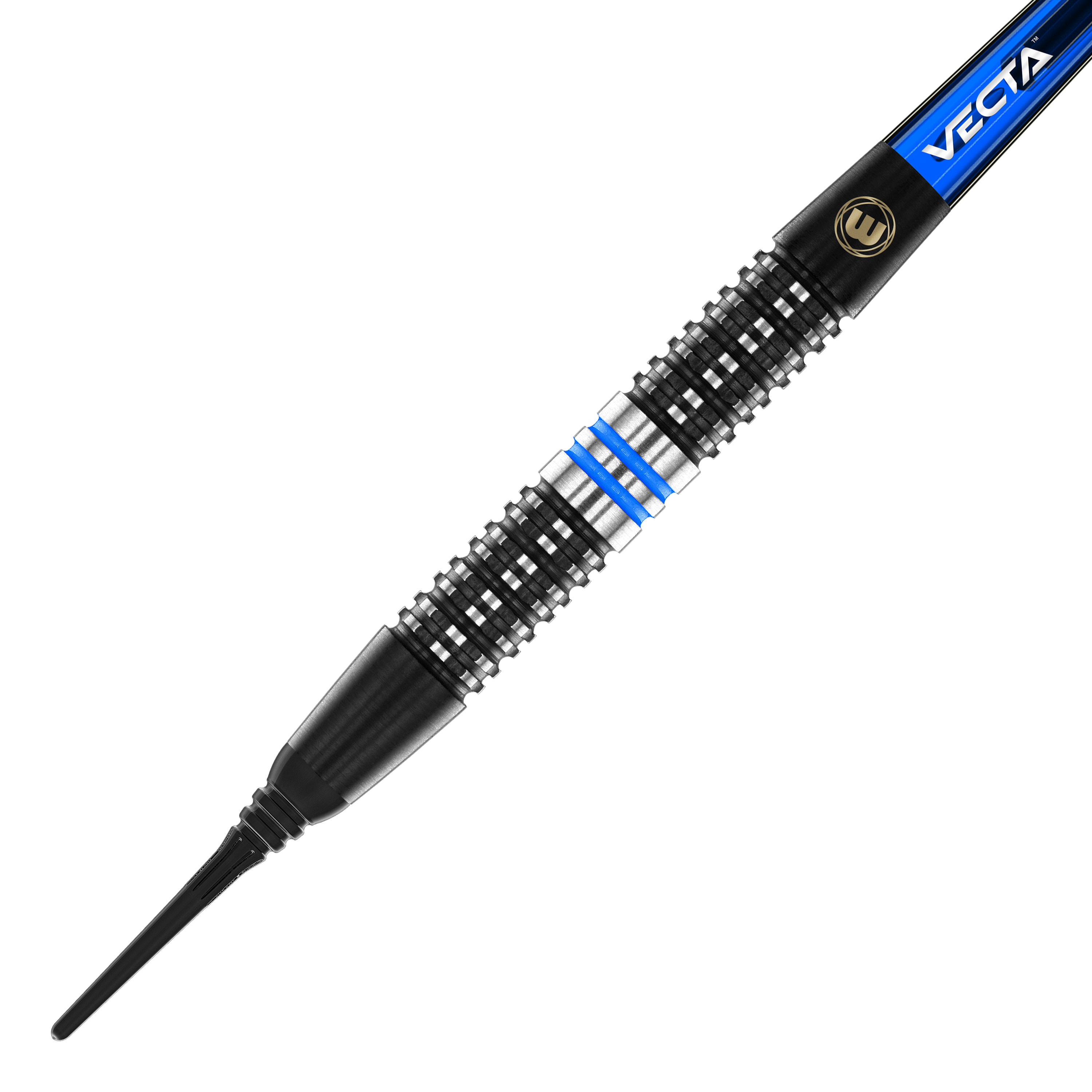 Dardos blandos Winmau Galactics - 20 g Das Bild zeigt einen Winmau Galactics Softdart mit einem Gewicht von 20 Gramm. Der Dart hat ein schwarzes Griffteil mit silbernen und blauen Akzenten.