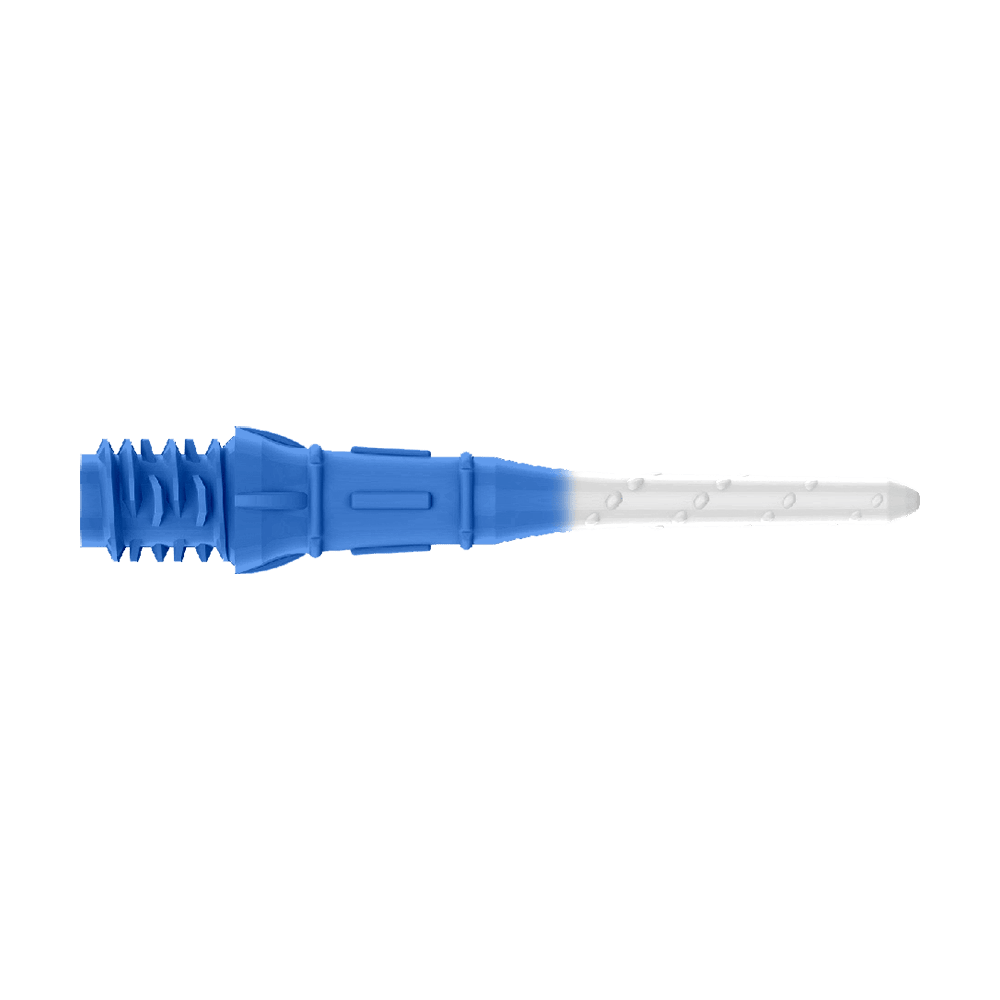 Labios de punta bicolor premium estilo L (paquete de 30) Das Bild zeigt eine Dartspitze mit zwei Farben, dunkelblau und weiß. Der hintere Teil ist dunkelblau, während der vordere Teil weiß ist.