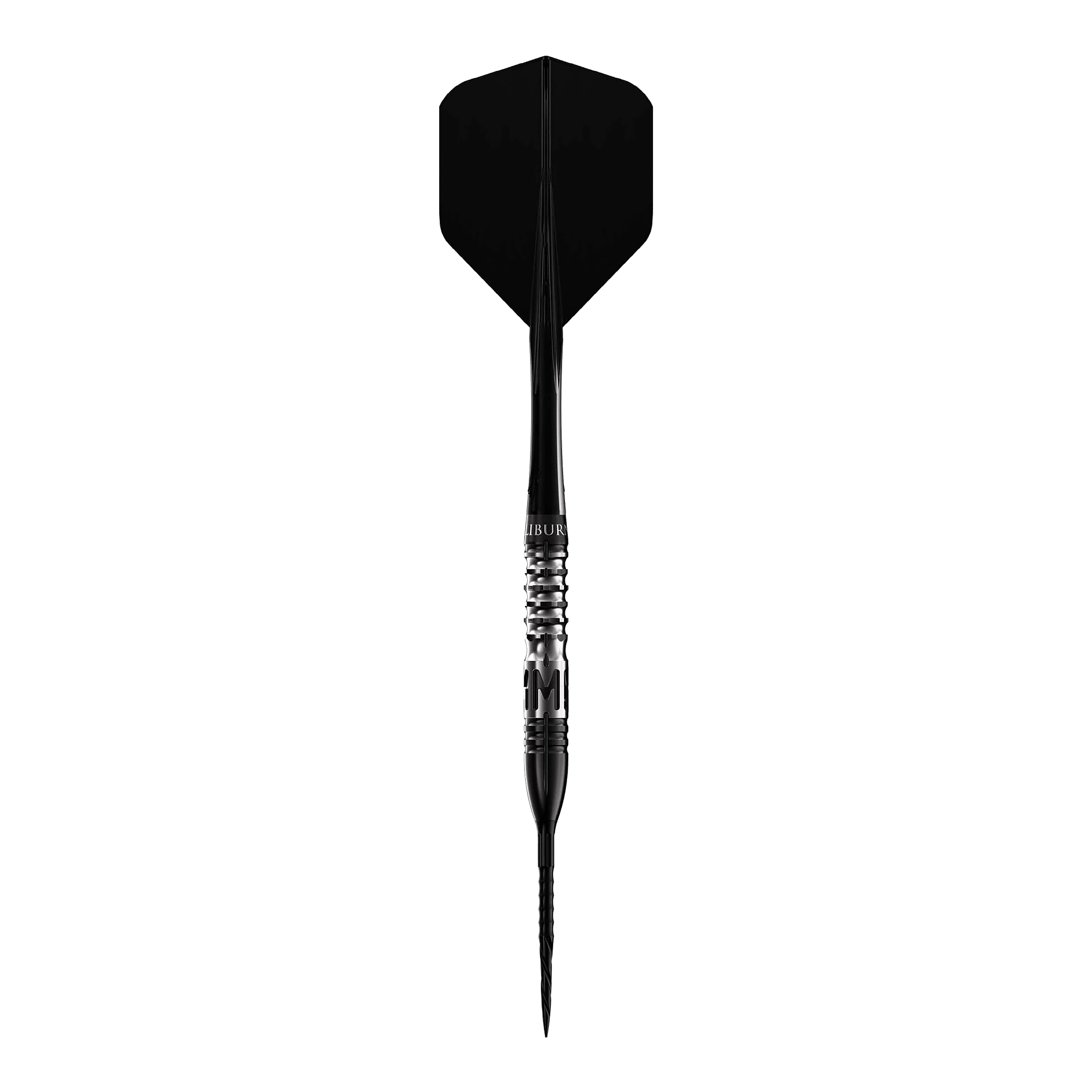 Dardos de acero Caliburn Player MAK Das Bild zeigt einen Steeldart mit schwarzer Spitze und schwarzer Flugfahne. Es handelt sich um das Produkt "Caliburn Player MAK Steeldarts - 23,5g".
