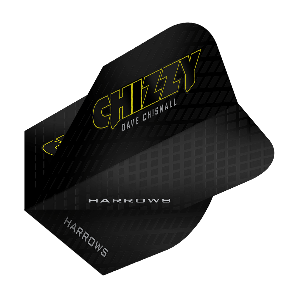 Vuelos de la serie Chizzy de Dave Chisnall de Harrow, 3 Das Bild zeigt das Produkt „Harrows Dave Chisnall Chizzy Series 3 Flights“. Die Flights sind schwarz mit gelber Schrift und tragen den Namen „Chizzy“ sowie „Dave Chisnall“.