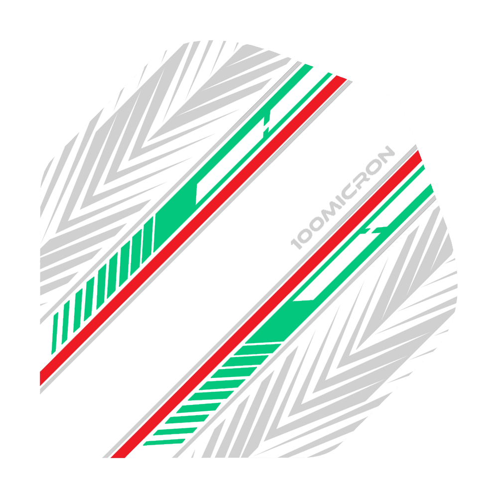 Vuelos de pentatlón blanco/verde/rojo Das Bild zeigt einen Pentathlon White Green Red No2 Standard Flight für Darts. Das Design besteht aus weißen, grünen und roten Streifen sowie grauen Pfeilmustern auf weißem Hintergrund.
