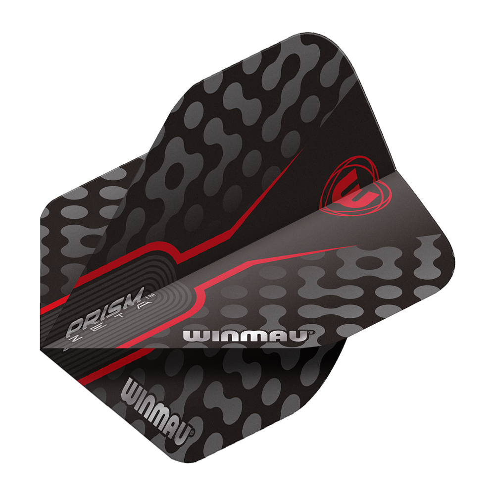 6915-306_Winmau_Prism_Zeta_GreyRed_Standard_Flights_2 Das Bild zeigt das Produkt "Winmau Prism Zeta GreyRed Standard Flights". Die Dart-Flights sind überwiegend grau und schwarz mit roten Akzenten und dem Winmau-Logo.