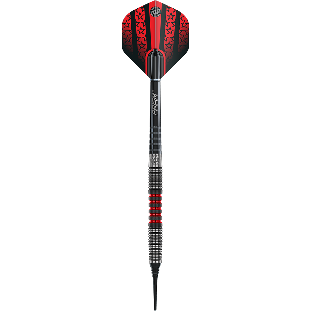 2443_Winmau_Joe_Cullen_90_Softdarts_1dnHCdz3eFoY3E Das Bild zeigt einen Winmau Joe Cullen Softdart. Der Dart hat ein auffälliges Design mit roten und schwarzen Elementen und einem silbernen Griff.