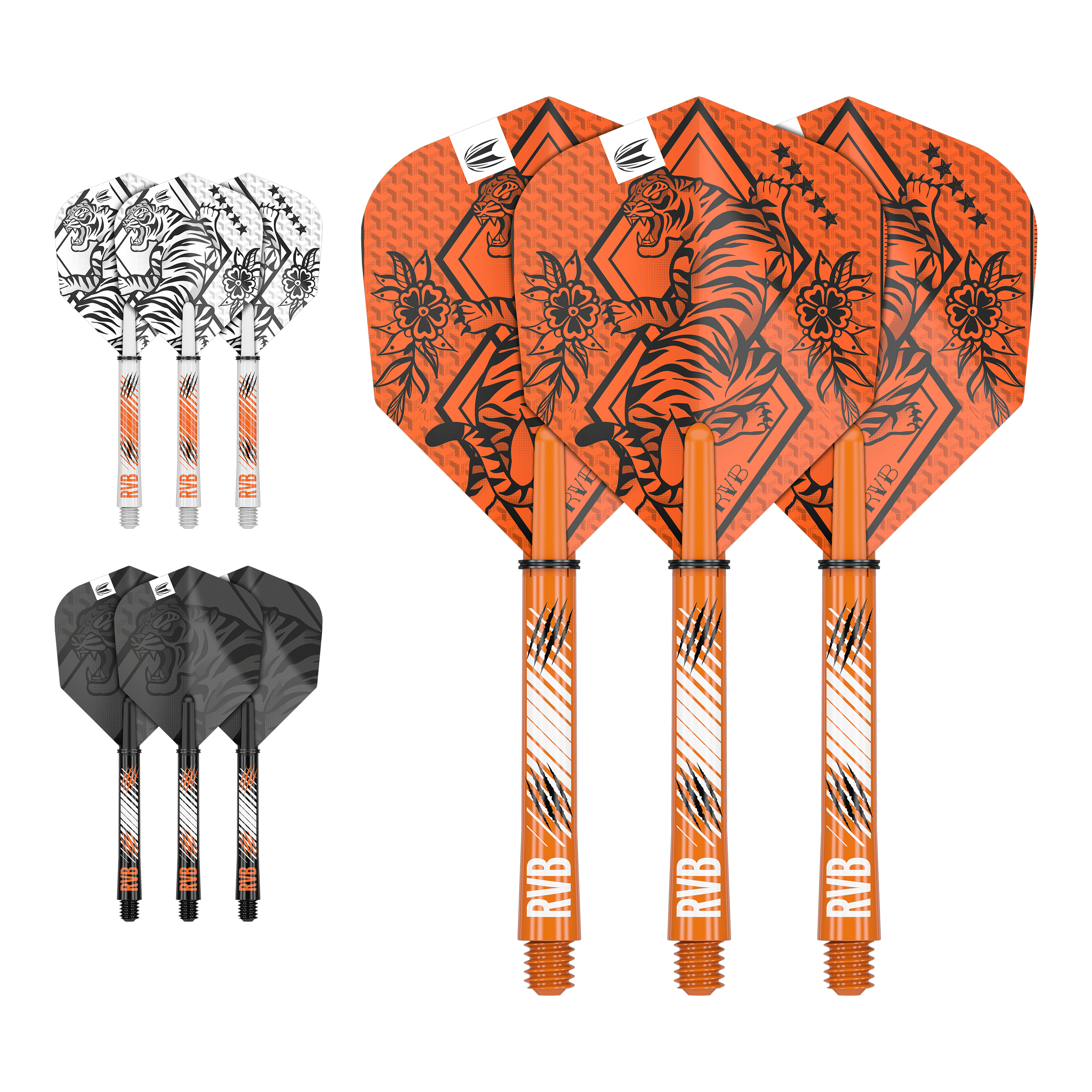 Kit de eje de vuelo de tinta Target Raymond Van Barneveld Auf dem Bild sind drei Sets von Dart-Flights und Schäften in den Farben Orange, Weiß und Schwarz zu sehen. Jedes Set ist mit einem Tiger-Design und den Initialen "RVB" verziert.