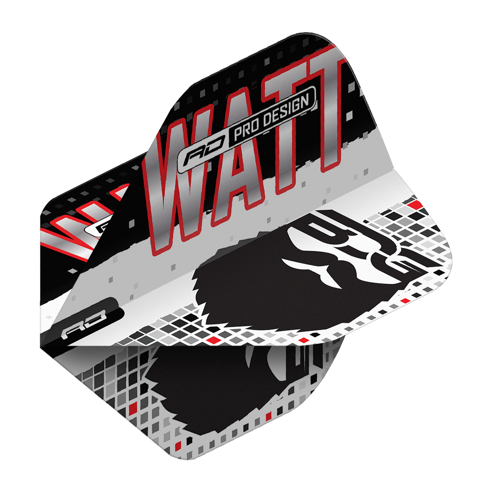 Red Dragon Hardcore Jason Watt BDG Premium No2 Vuelos Estándar Das Bild zeigt die Red Dragon Hardcore Jason Watt BDG Premium No2 Standard Flights. Das Design ist in Schwarz, Weiß und Rot gehalten und trägt den Schriftzug "WATT" sowie eine stilisierte Grafik.
