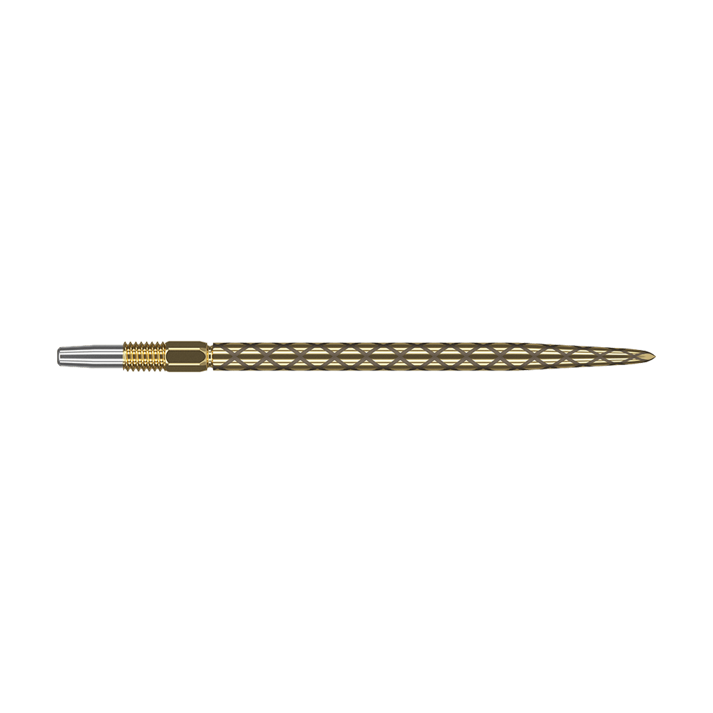 Puntas de dardos Target Swiss Diamond Pro Gold Das Bild zeigt eine goldene Dartspitze mit einem diamantförmigen Muster. Die Spitze ist schmal und hat am vorderen Ende einen silbernen Bereich.