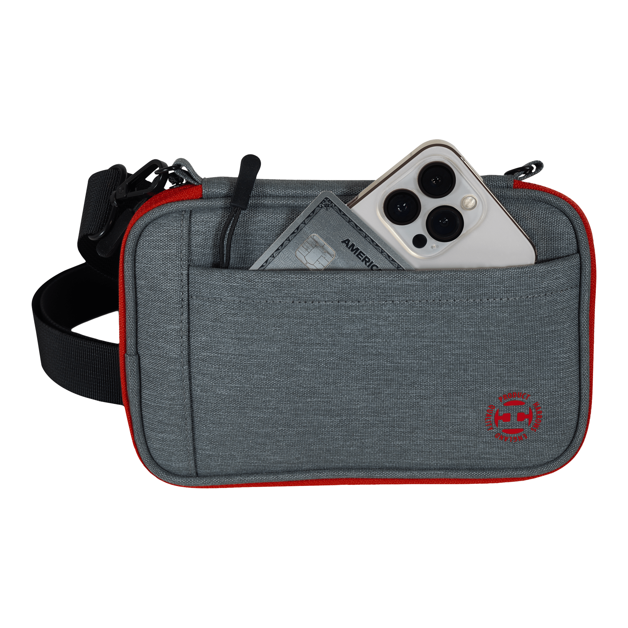 Cartera para dardos Harrows Smart Case XL Das Bild zeigt eine graue Tasche mit rotem Rand und einem schwarzen Gurt. In der Vordertasche stecken ein Smartphone und eine Kreditkarte.